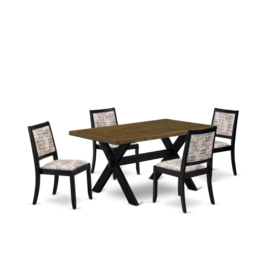 East West Furniture X676X2630-5 - 5-piece kitchen set consists of a dining table with Distressed Jacobean top and 4 stackable chairs with White and Gray Pattern Faux Leather - Wire-brushed Black