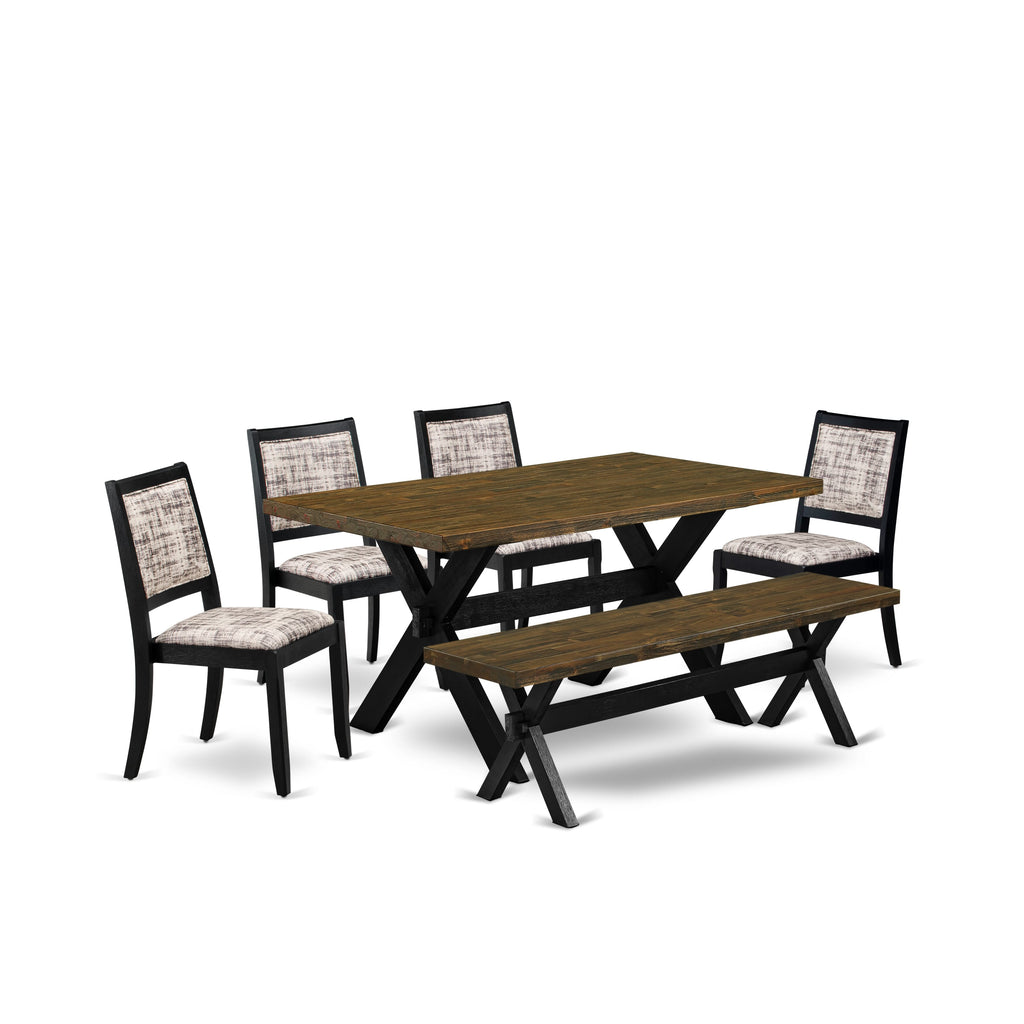 East West Furniture X676X2630-6 - 6-piece dining set consists of a table and a bench with Distressed Jacobean top and 4 stackable chairs with White and Gray Pattern Faux Leather - Wire-brushed Black