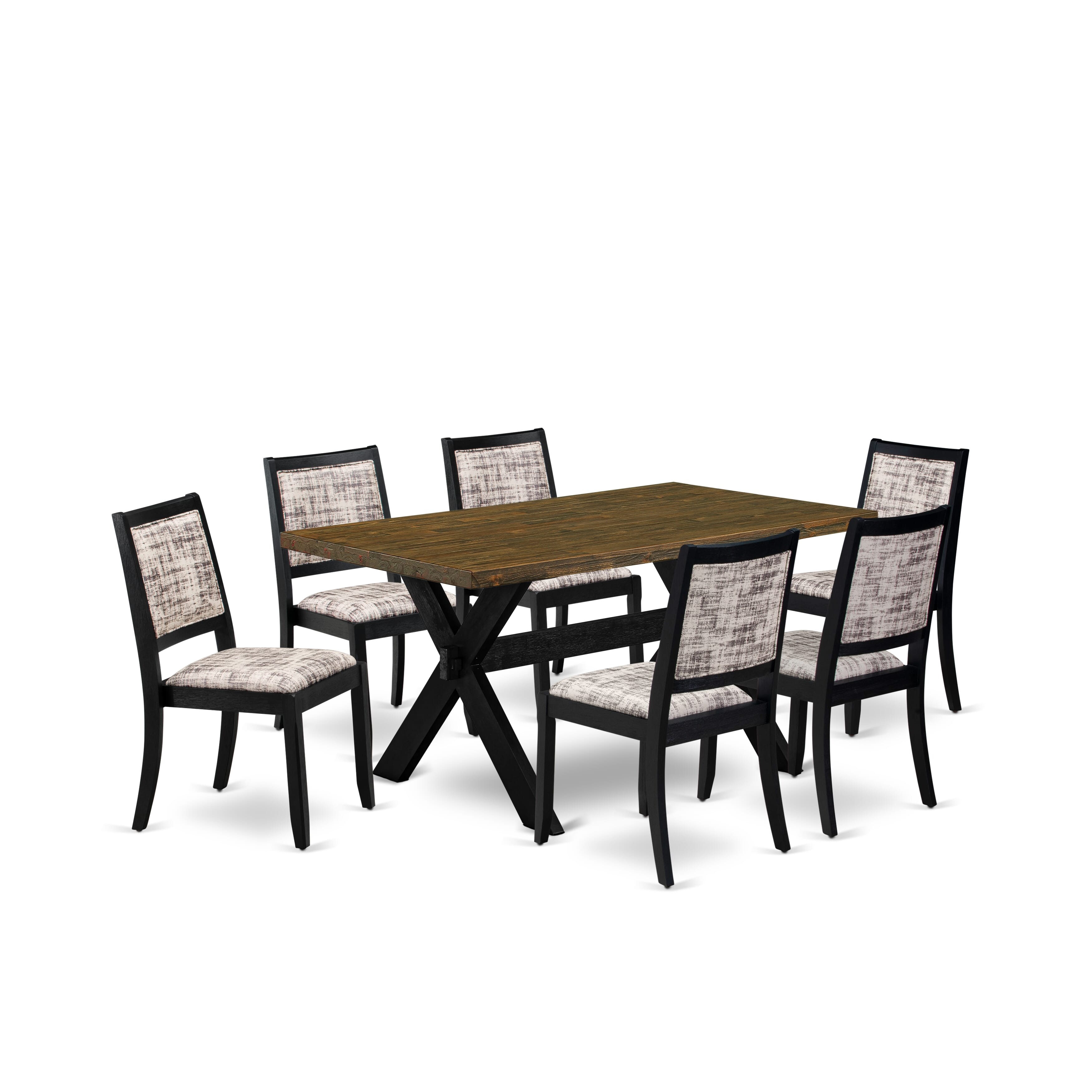 X676X2630-7 - 7-pc dining set - a table & 6 stackable chairs with White and Gray Pattern Faux Leather Fabric - Wire-brushed Black