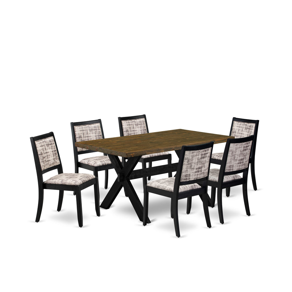 East West Furniture X676X2630-7 - 7-piece dining set consists of a table with Distressed Jacobean top and 6 stackable chairs with White and Gray Pattern Faux Leather - Wire-brushed Black