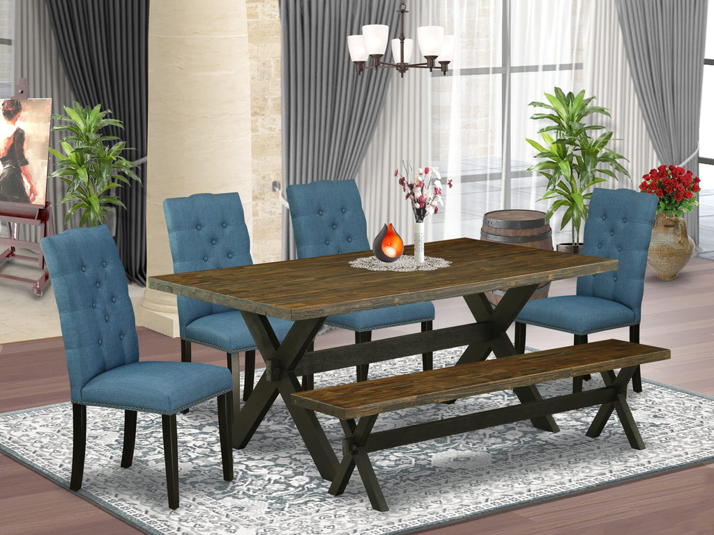 East West Furniture X677EL121-6 6-Piece Dining Room Table Set with Dining Table and Dining Room Bench - 4 Linen Fabric Kitchen Chairs (Wire Brushed Black Finish)