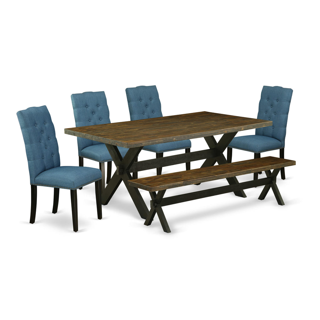 East West Furniture X677EL121-6 6-Piece Dining Room Table Set with Dining Table and Dining Room Bench - 4 Linen Fabric Kitchen Chairs (Wire Brushed Black Finish)