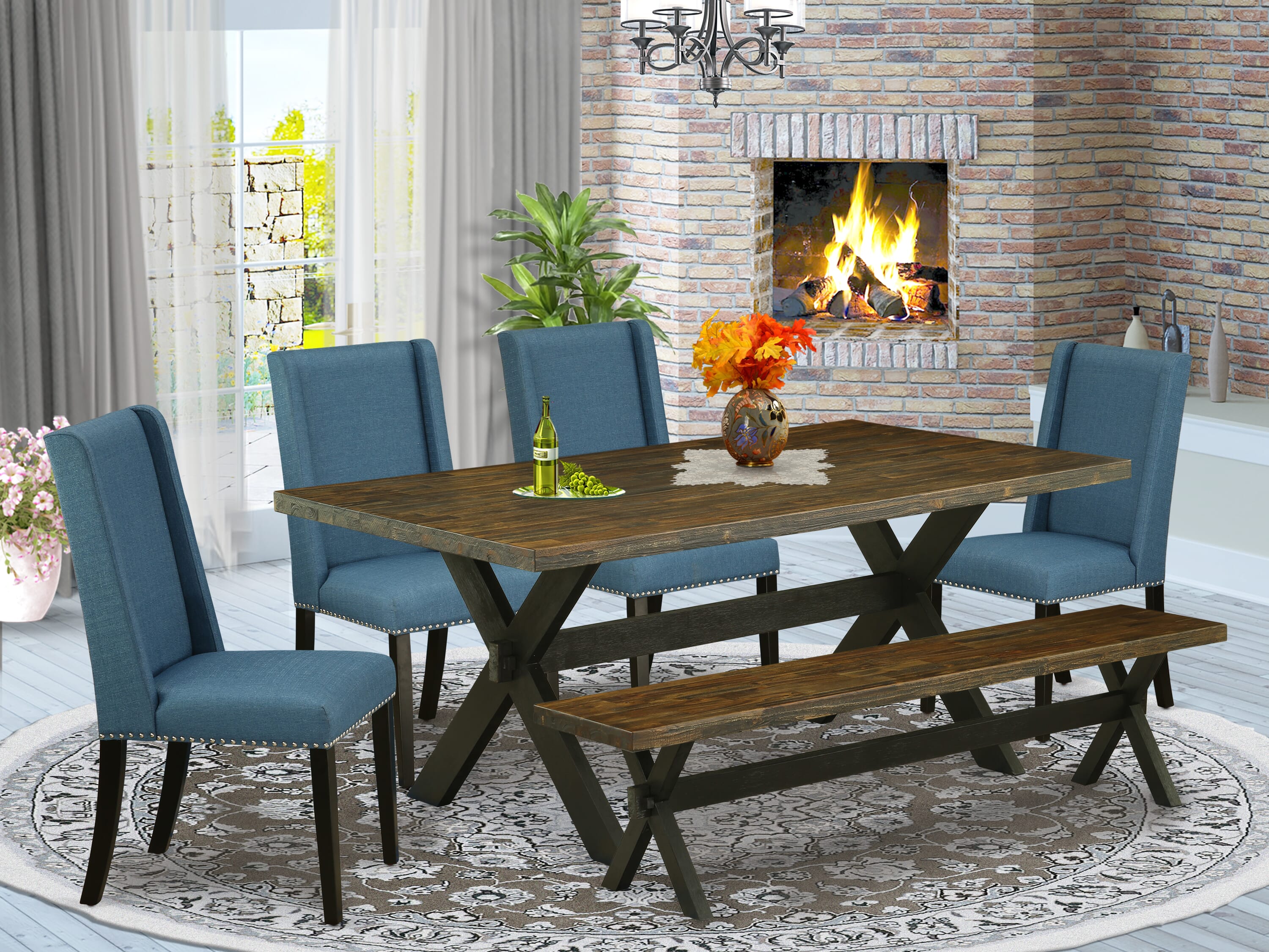 East West Furniture X677FL121-6 6-Piece Dining Room Table Set with Kitchen Table and Dining Bench - 4 Linen Fabric Dining Chairs (Wire Brushed Black Finish)