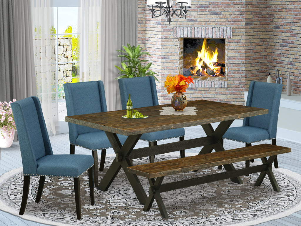 East West Furniture X677FL121-6 6-Piece Dining Room Table Set with Kitchen Table and Dining Bench - 4 Linen Fabric Dining Chairs (Wire Brushed Black Finish)