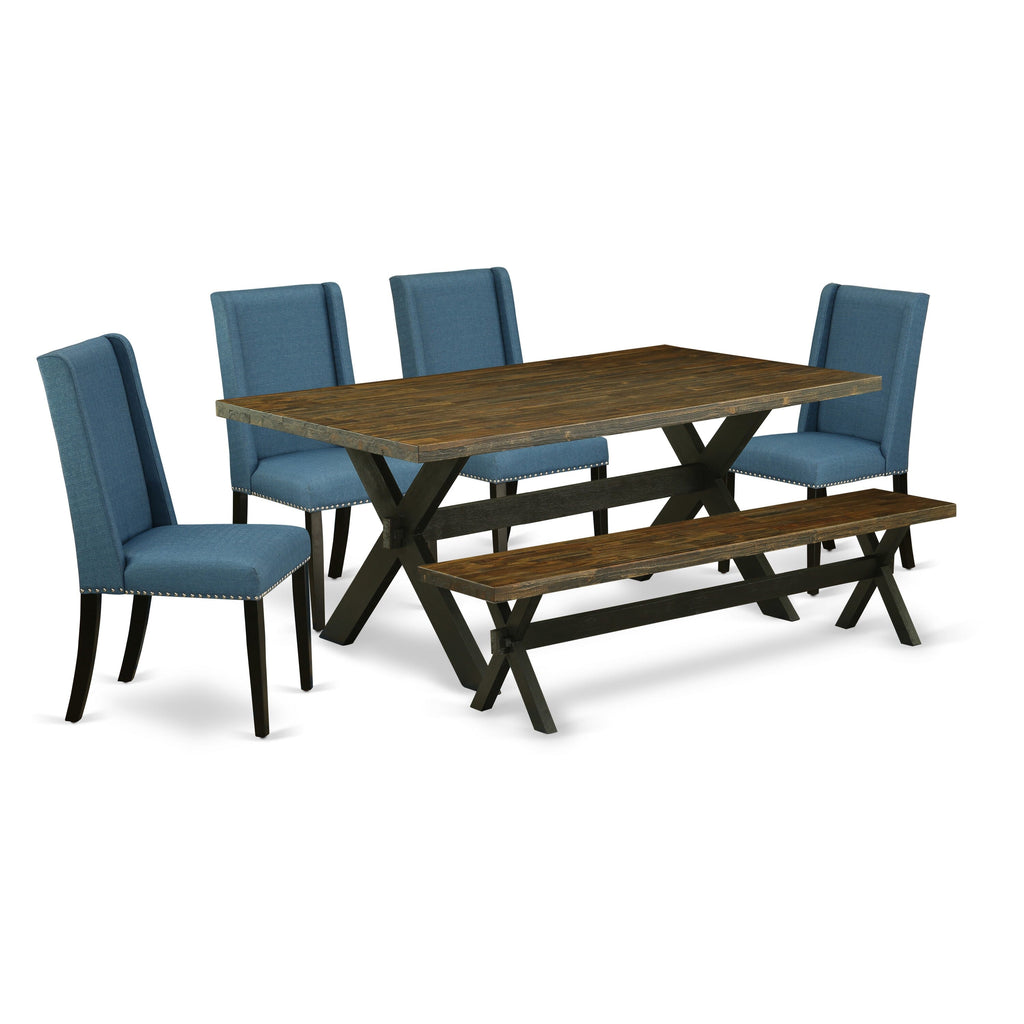 East West Furniture X677FL121-6 6-Piece Dining Room Table Set with Kitchen Table and Dining Bench - 4 Linen Fabric Dining Chairs (Wire Brushed Black Finish)