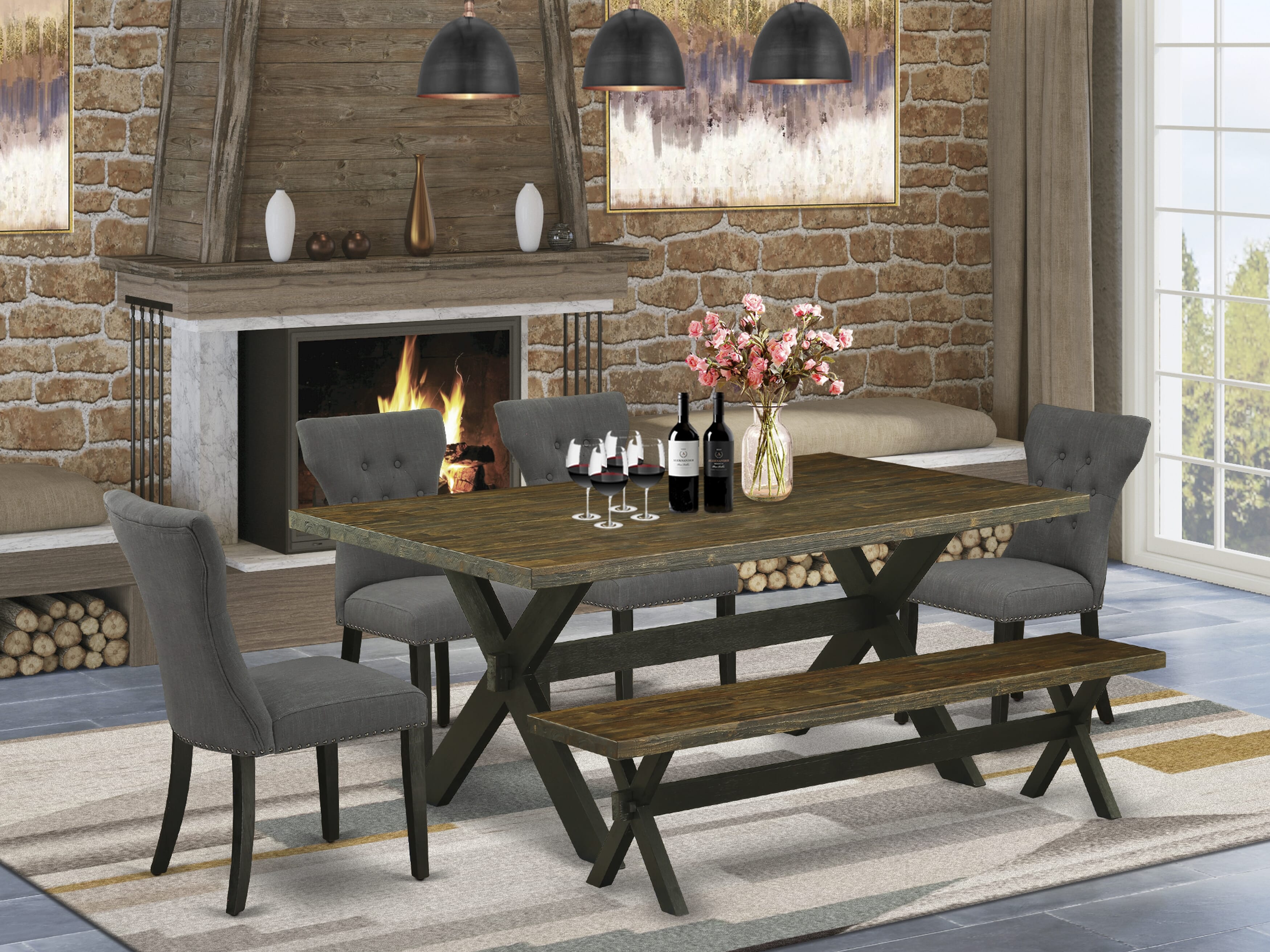 East West Furniture X677GA650-6 6-Piece Mid Century Dining Table Set-Dark Gotham Grey Linen Fabric Seat and Button Tufted Chair Back Parson Dining chairs