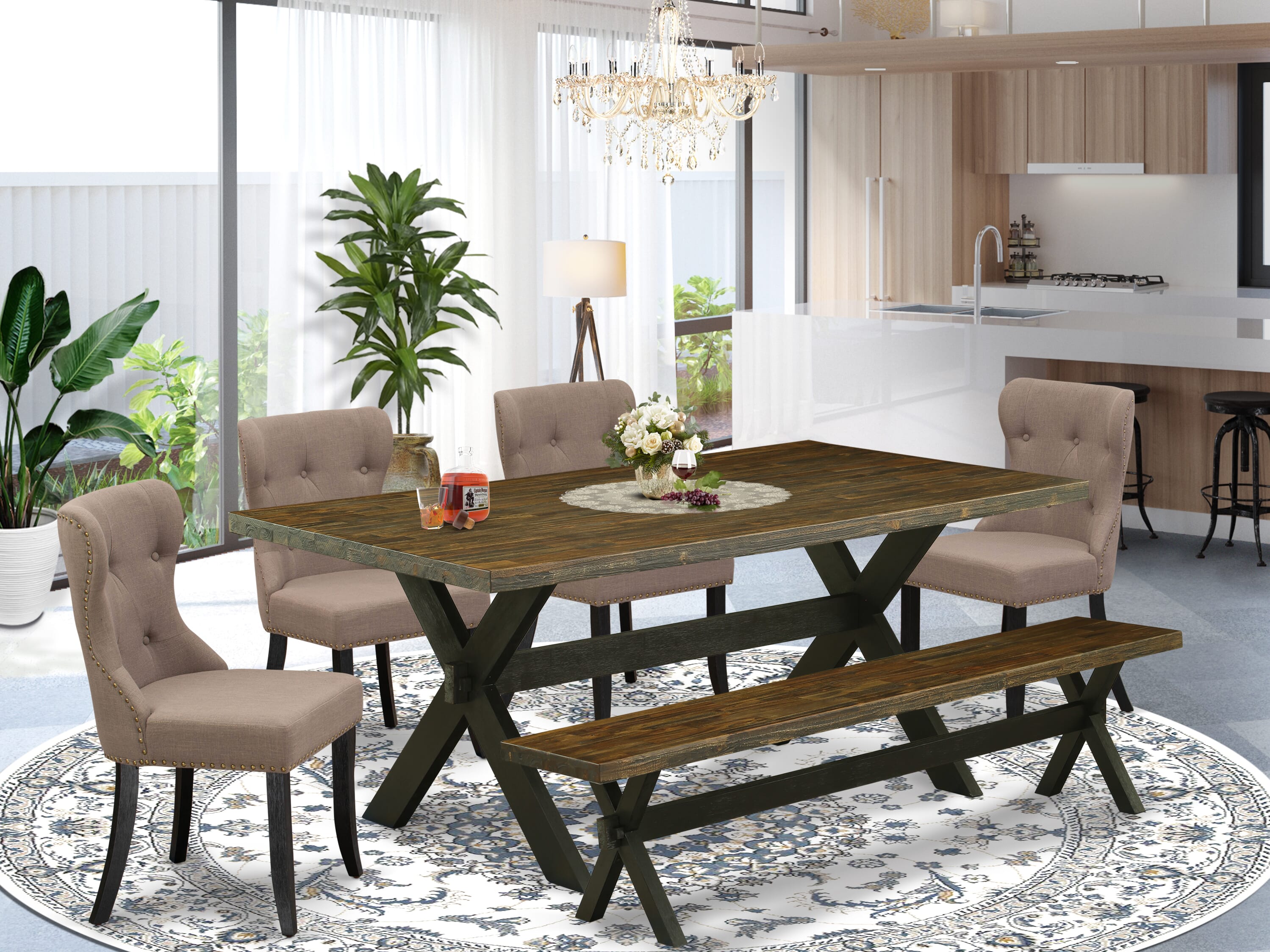 East West Furniture X677SI648-6 6-Pc Dining Room Table Set- 4 Dining Chairs with Coffee Linen Fabric Seat and Button Tufted Chair Back � Kitchen Table and Bench (Distressed Jacobean Finish)
