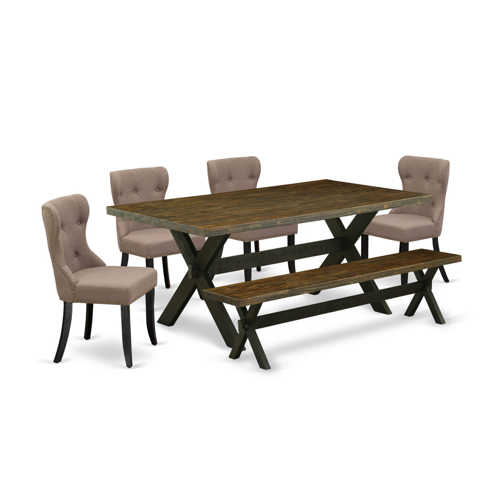 East West Furniture X677SI648-6 6-Pc Dining Room Table Set- 4 Dining Chairs with Coffee Linen Fabric Seat and Button Tufted Chair Back â€“ Kitchen Table and Bench (Distressed Jacobean Finish)