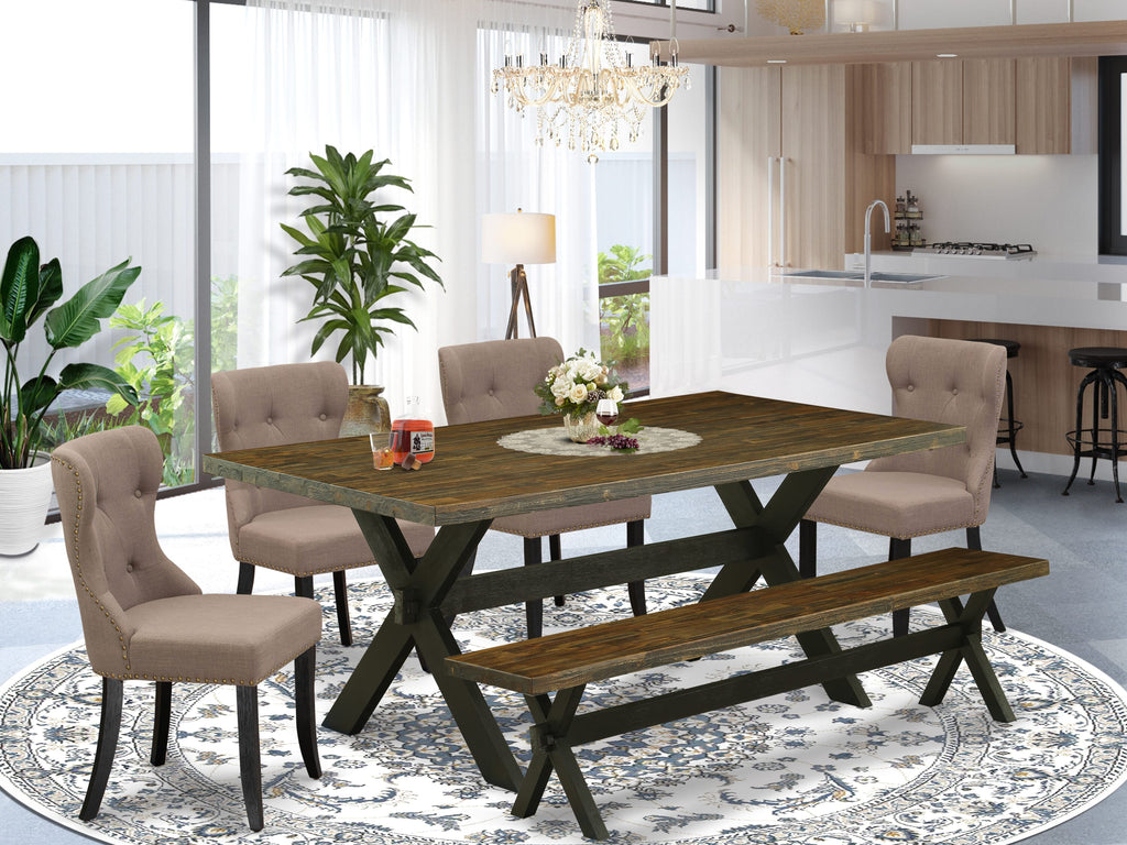 East West Furniture X677SI648-6 6-Pc Dining Room Table Set- 4 Dining Chairs with Coffee Linen Fabric Seat and Button Tufted Chair Back â€“ Kitchen Table and Bench (Distressed Jacobean Finish)