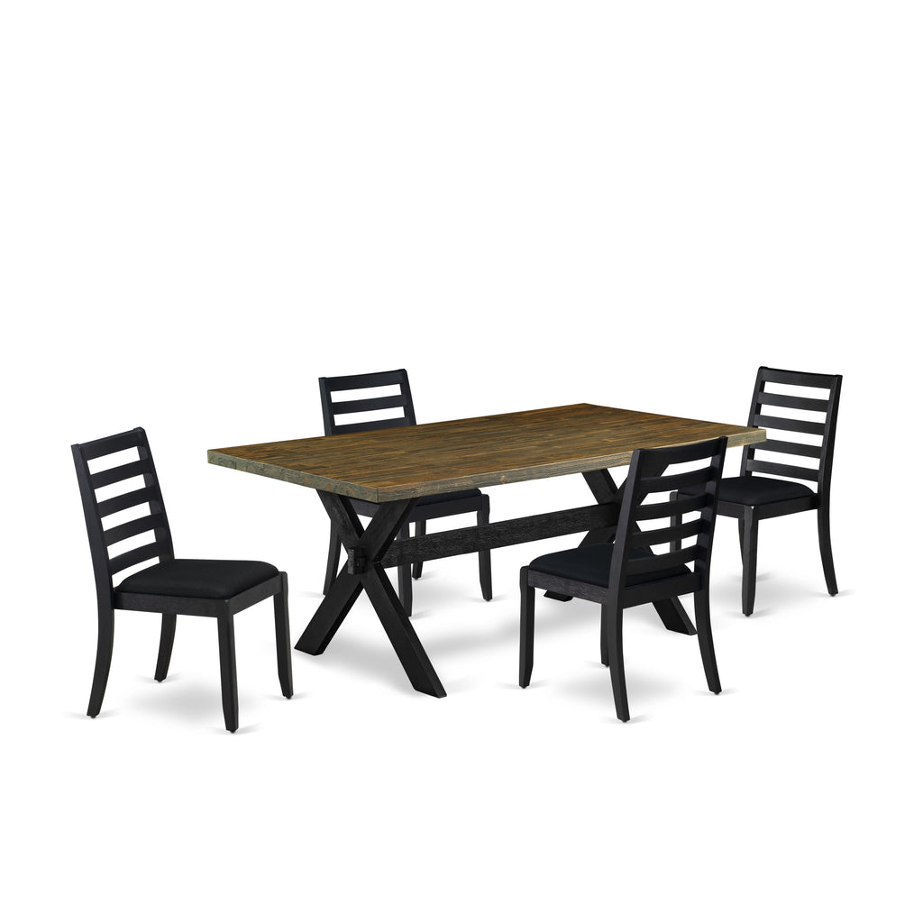 East West Furniture X677X1624-5 - 5-piece kitchen table set consists of a dinner table with Distressed Jacobean top and 4 stackable chairs with Black Linen Fabric- Wire-brushed Black