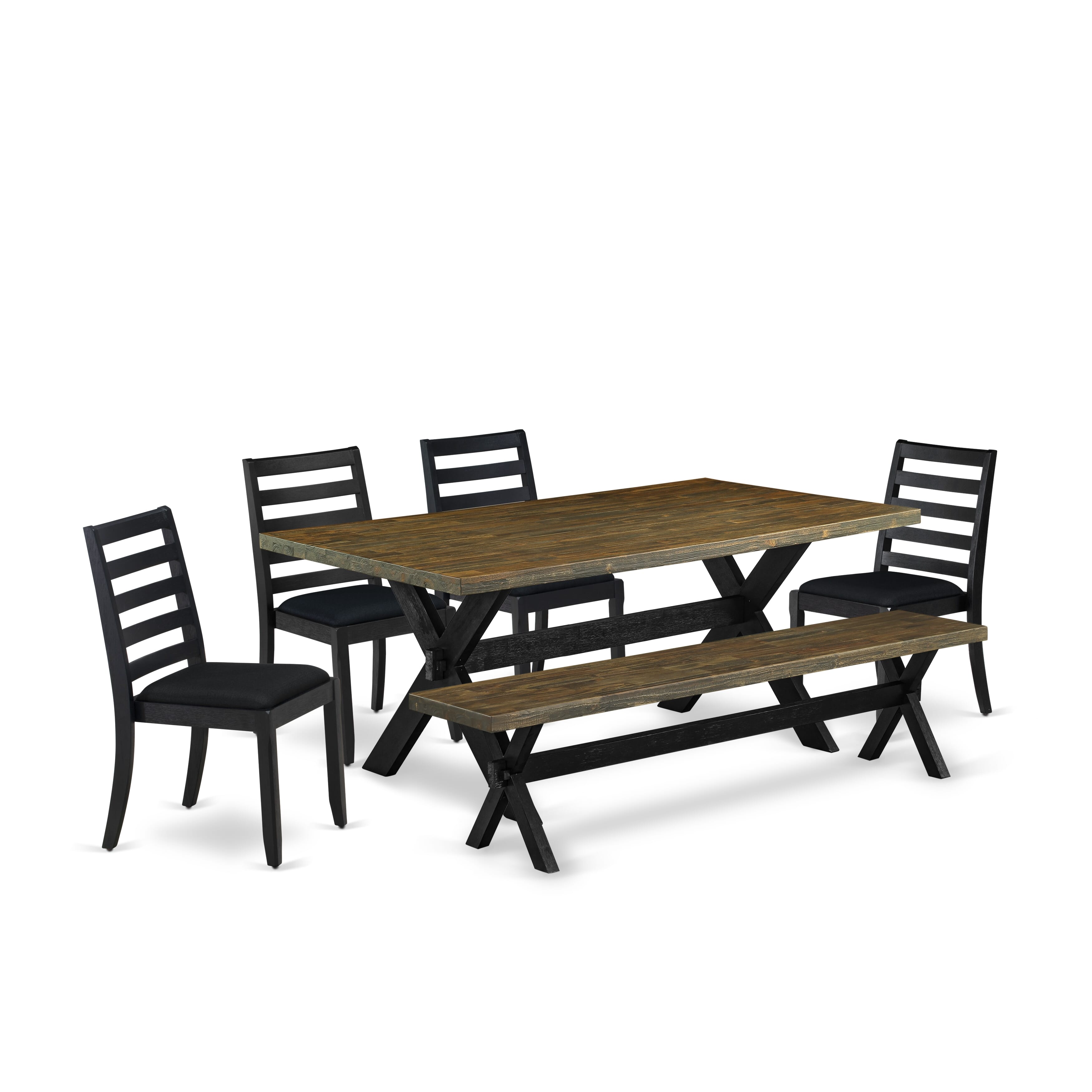X677X1624-6 - 6-pc modern dining set - a dinner table & a bench & 4 stackable chairs with Black Linen Fabric- Wire-brushed Black