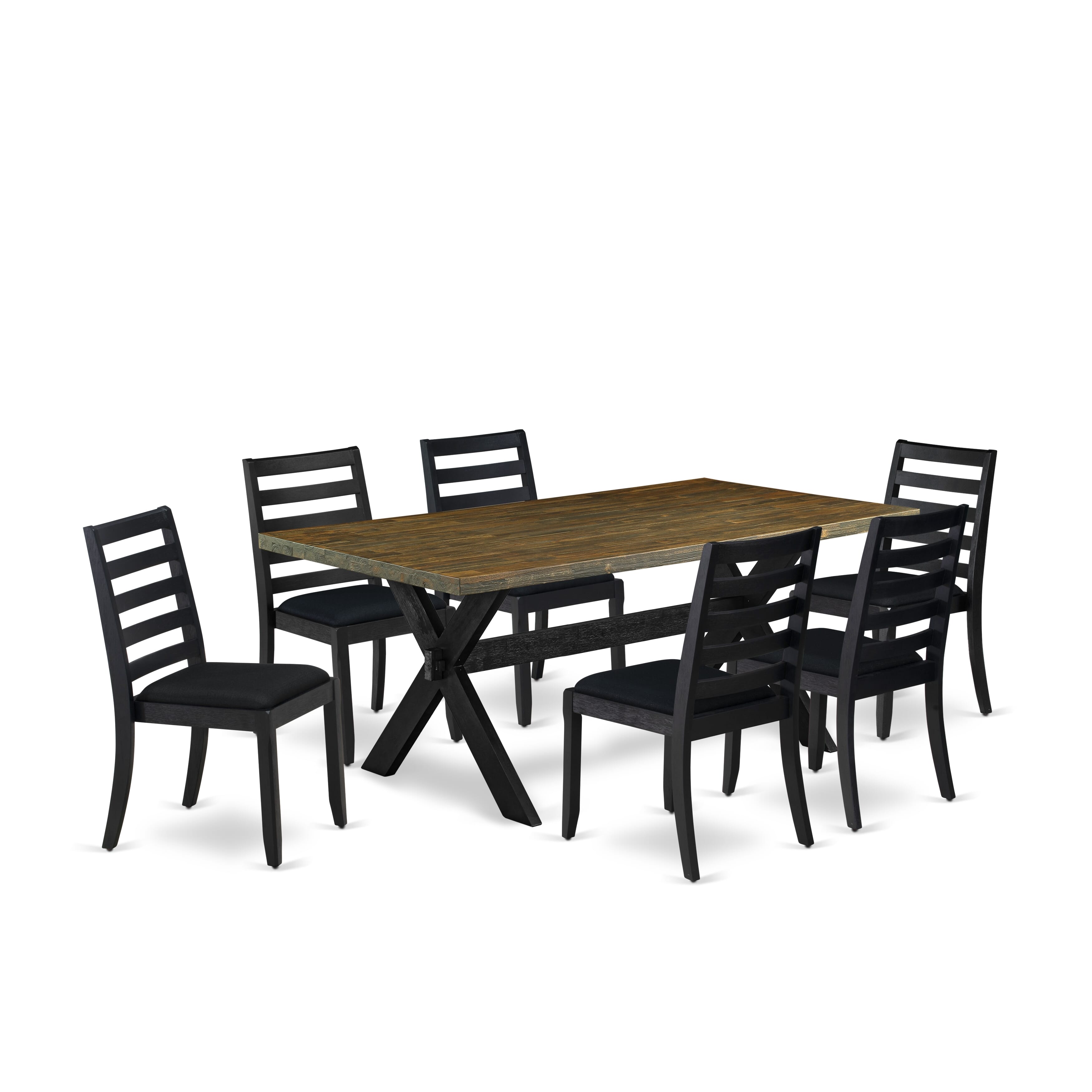 X677X1624-7 - 7-pc dining room set - a wooden table & 6 stackable dining chairs with Black Linen Fabric- Wire-brushed Black