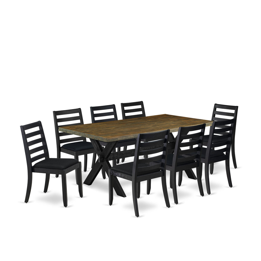 East West Furniture X677X1624-9 - 9-piece kitchen table set consists of a breakfast table with Distressed Jacobean top and 8 stackable dining chairs with Black Linen Fabric - Wire-brushed Black