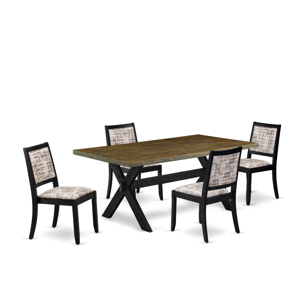 East West Furniture X677X2630-5 - Juego de mesa de comedor de 5 piezas compuesto por una mesa de comedor con tablero jacobino envejecido y 4 sillas apilables con cuero sintético con patrón blanco y gris - Negro cepillado con alambre