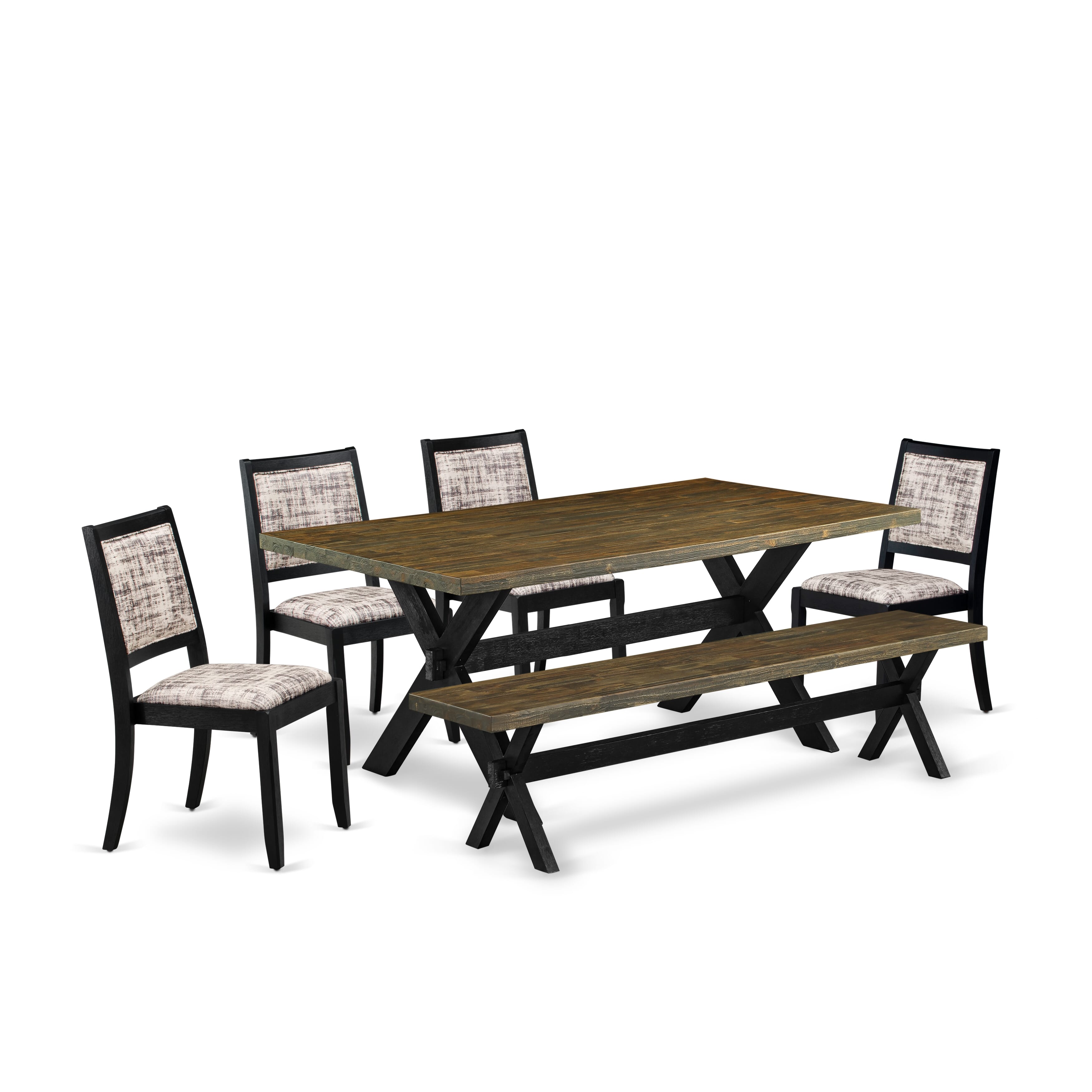 X677X2630-6 - 6-pc dining set - a table, a bench & 4 stackable chairs with White & Gray Pattern Faux Leather Fabric - Wire-brushed Black