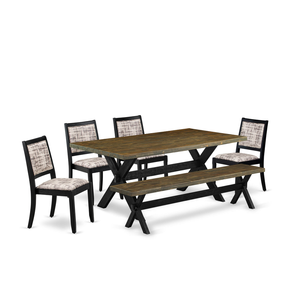 East West Furniture X677X2630-6 - Juego de comedor de 6 piezas compuesto por una mesa y un banco con tablero jacobino envejecido y 4 sillas apilables con cuero sintético con patrón blanco y gris - Negro cepillado con alambre