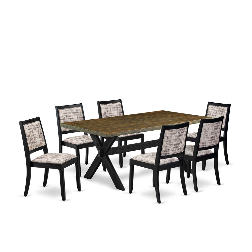 East West Furniture X677X2630-7 - Juego de mesa de cocina de 7 piezas compuesto por una mesa de madera con tablero jacobino envejecido y 6 sillas apilables con cuero sintético con patrón blanco y gris - Negro cepillado con alambre