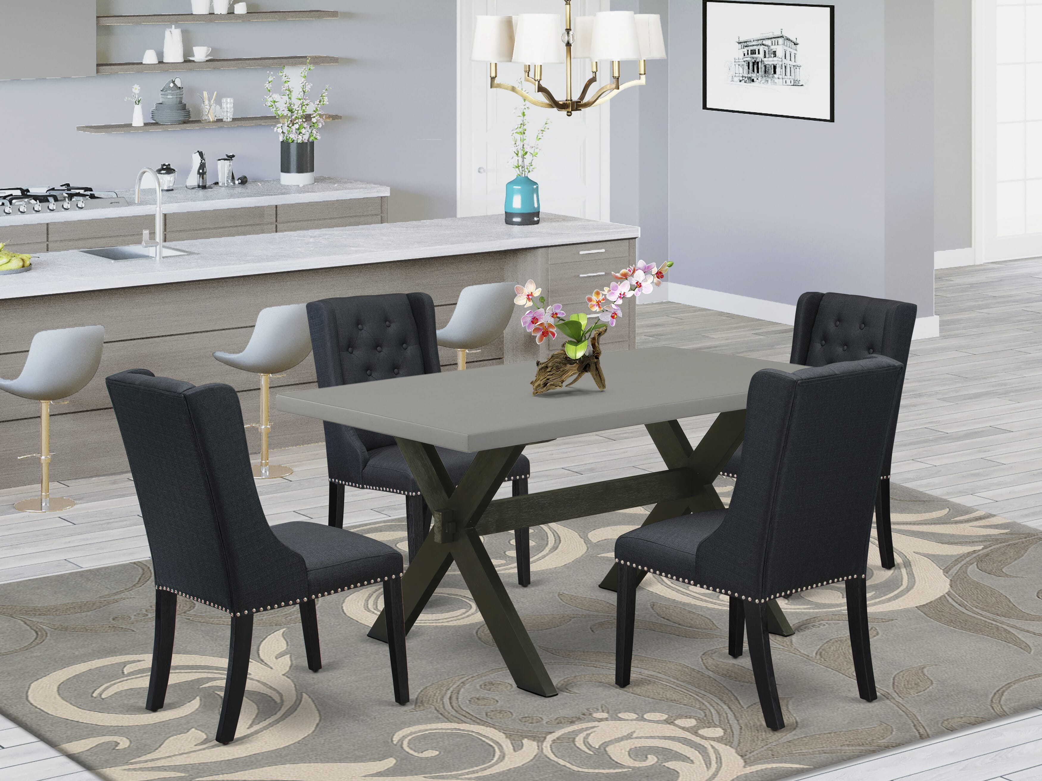 East West Furniture X696FO624-5 5 Pc Dining Room Table Set Includes 4 Black Linen Fabric Dining Room Chairs with Button Tufted and Cement Dining Room Table - Wire Brush Black Finish