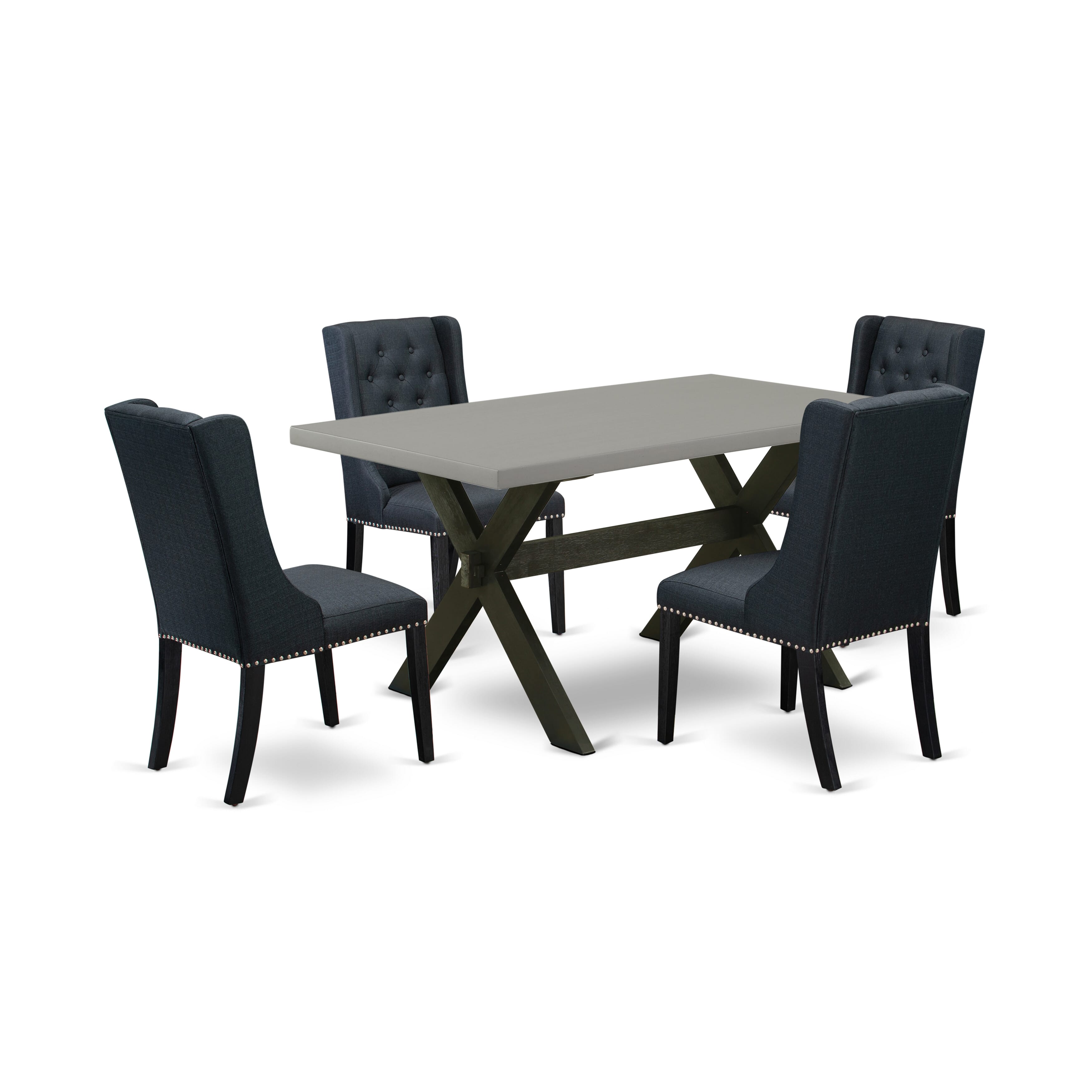 East West Furniture X696FO624-5 5 Pc Dining Room Table Set Includes 4 Black Linen Fabric Dining Room Chairs with Button Tufted and Cement Dining Room Table - Wire Brush Black Finish