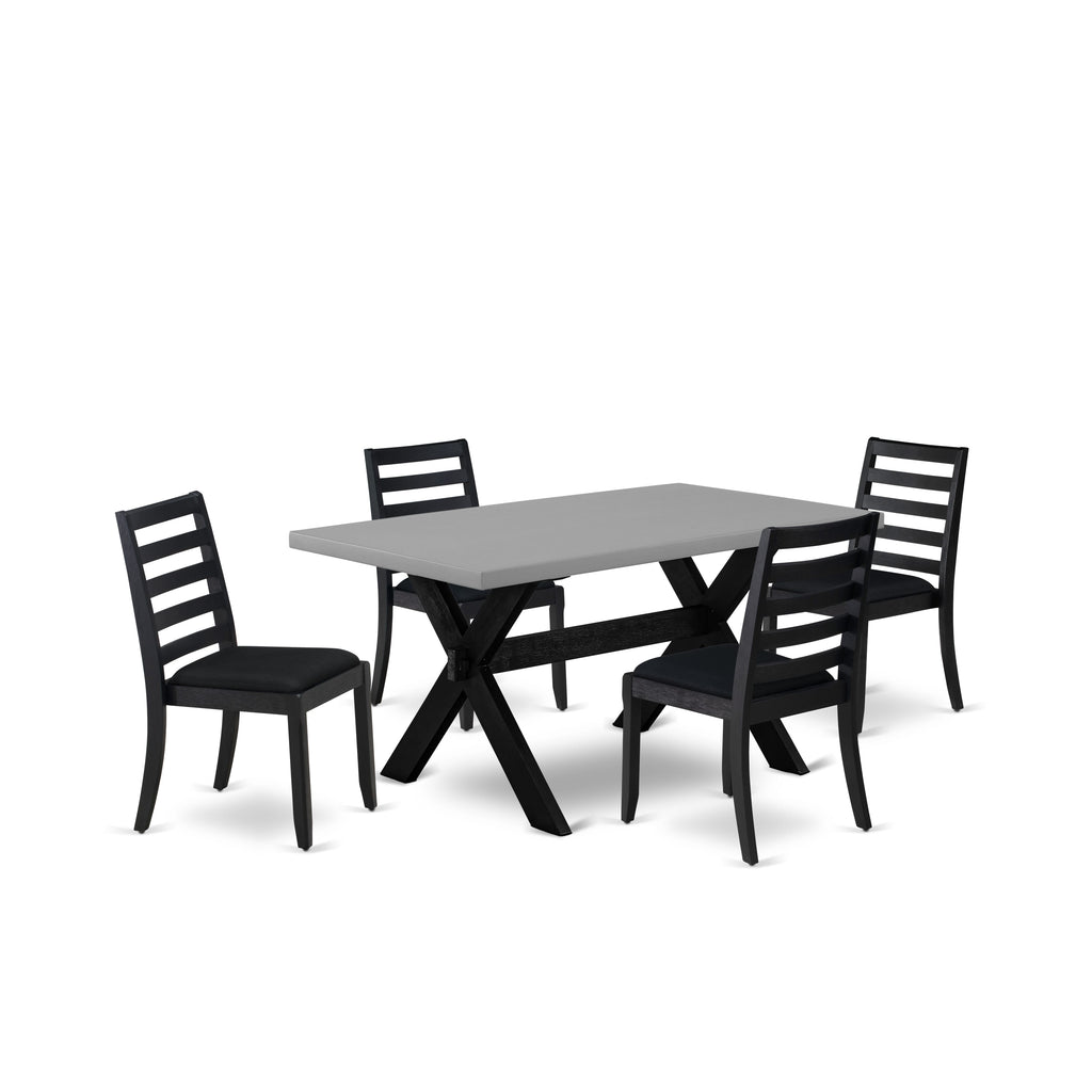 East West Furniture X696X1624-5 - Juego de comedor moderno de 5 piezas compuesto por una mesa de desayuno con tapa de cemento y 4 sillas de comedor apilables con tela de lino negro - Negro cepillado con alambre