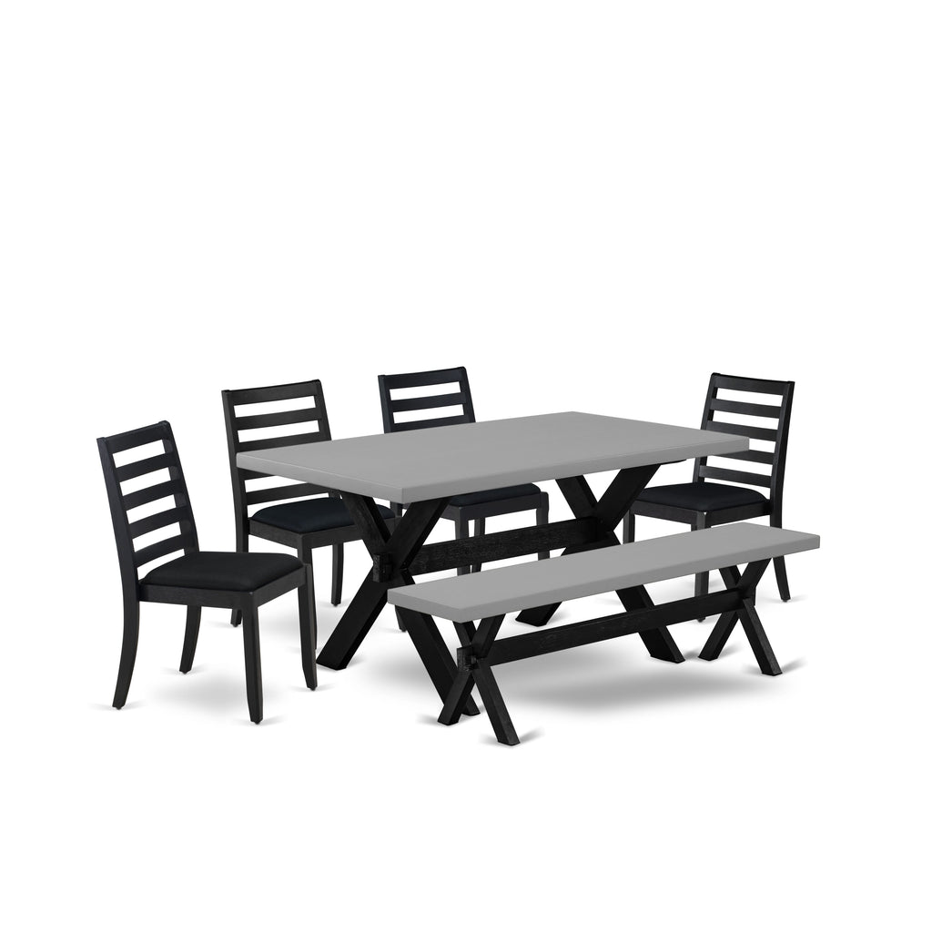 East West Furniture X696X1624-6 - Juego de cocina de mediados de siglo de 6 piezas que consta de una mesa de madera y un banco con tapa de cemento y 4 sillas de cocina apilables con tela de lino negro - Negro cepillado con alambre
