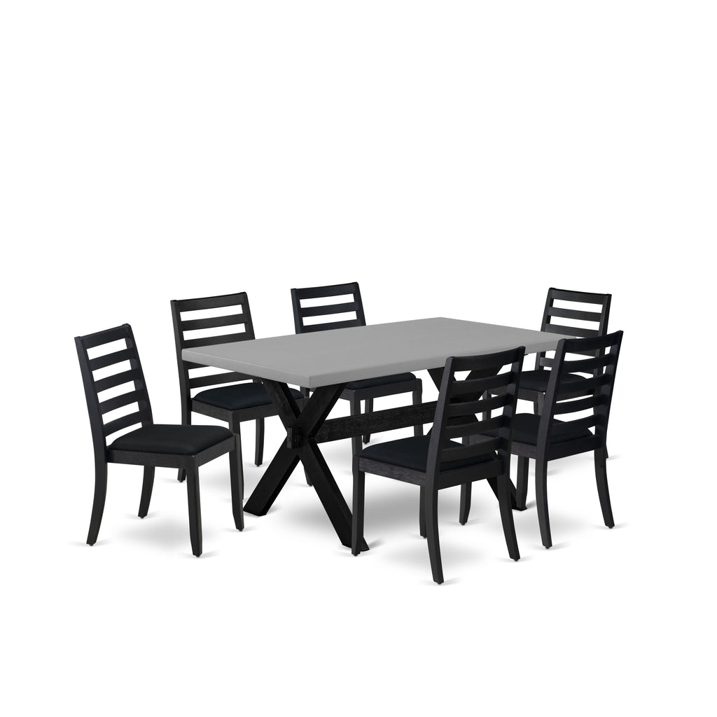 East West Furniture X696X1624-7 - 7-piece kitchen table set consists of a wooden dining table with Cement top and 6 stackable dining chairs with Black Linen Fabric - Wire-brushed Black