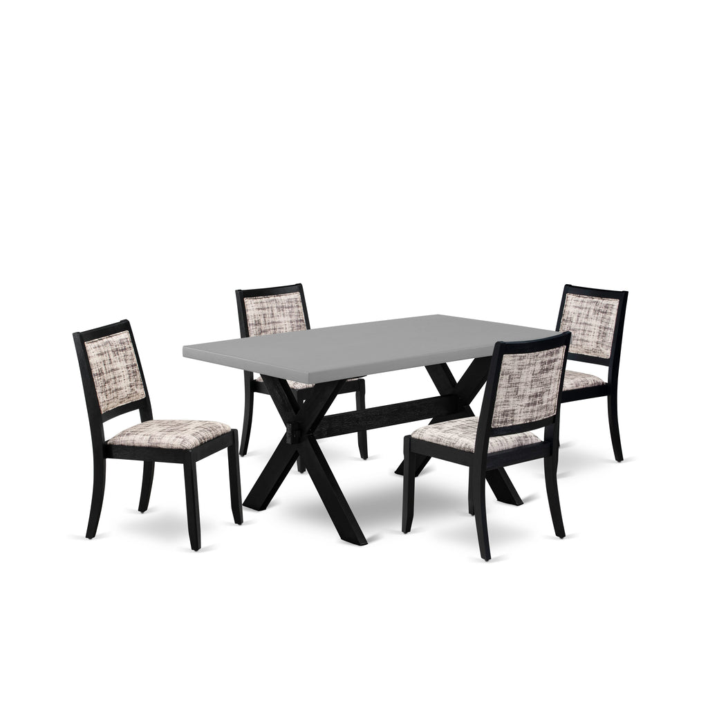 East West Furniture X696X2630-5 - 5-piece dining room set consists of a dinner table with Cement top and 4 stackable kitchen chairs with White and Gray Pattern Faux Leather - Wire-brushed Black