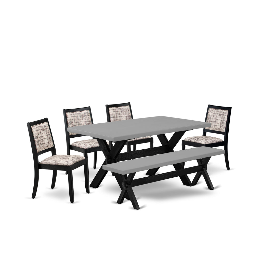 East West Furniture X696X2630-6 - 6-piece dining set consists of a kitchen table and a bench with Cement top and 4 stackable chairs with White and Gray Pattern Faux Leather - Wire-brushed Black
