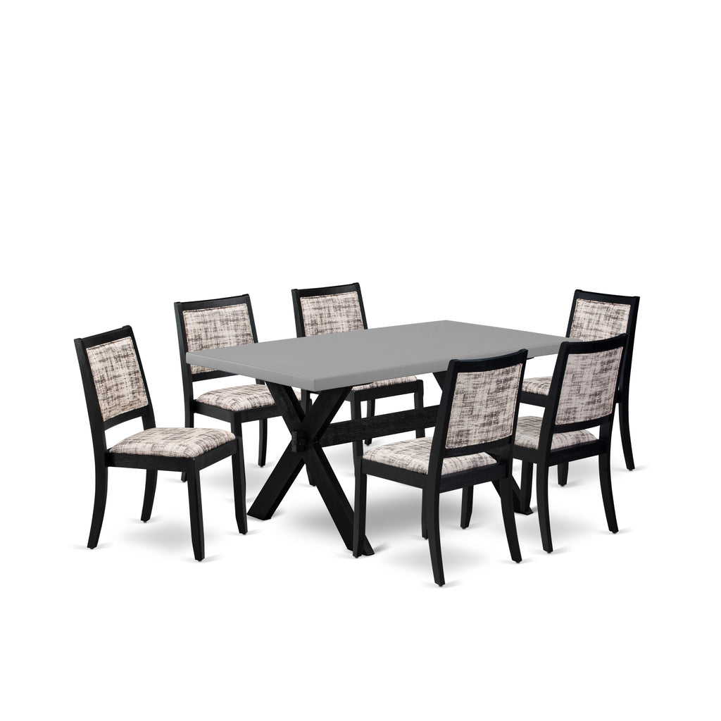 East West Furniture X696X2630-7 - 7-piece kitchen table set consists of a dining table with Cement top and 6 stackable chairs with White and Gray Pattern Faux Leather - Wire-brushed Black