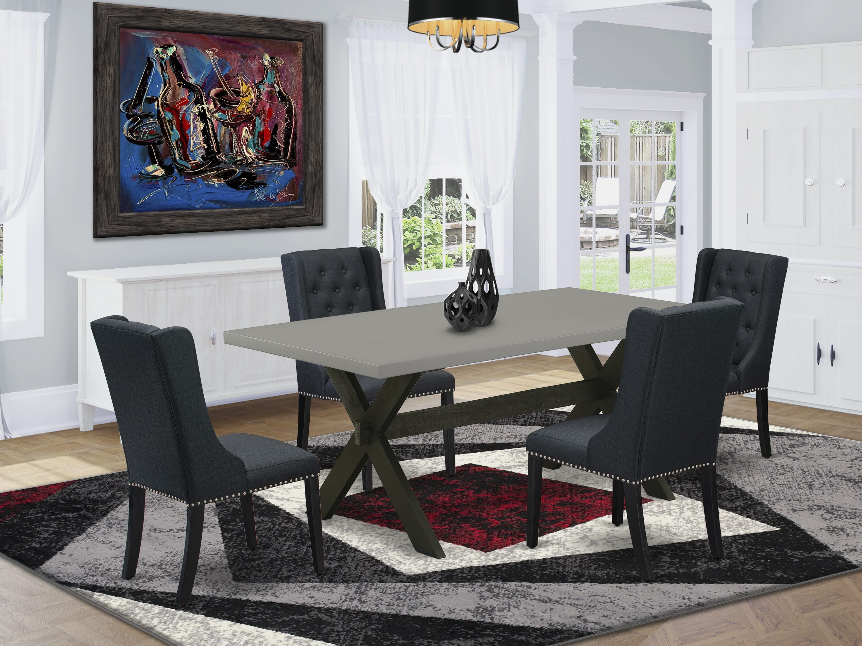 East West Furniture X697FO624-5 5-Piece Dining Table Set consists of 4 Black Linen Fabric Parson Chairs with Nail heads and Cement Dining Room Table - Wire Brush Black Finish