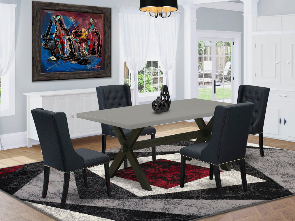 Juego de comedor de 5 piezas East West Furniture X697FO624-5 para 4 personas. Incluye una mesa de comedor rectangular con patas en forma de X y 4 sillas de comedor Parsons de tela de lino negro.
