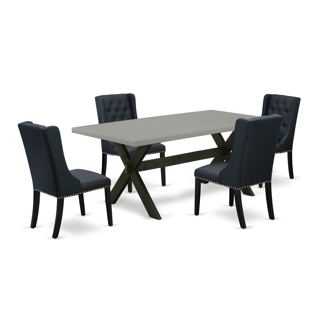 Juego de comedor de 5 piezas East West Furniture X697FO624-5 para 4 personas. Incluye una mesa de comedor rectangular con patas en forma de X y 4 sillas de comedor Parsons de tela de lino negro.