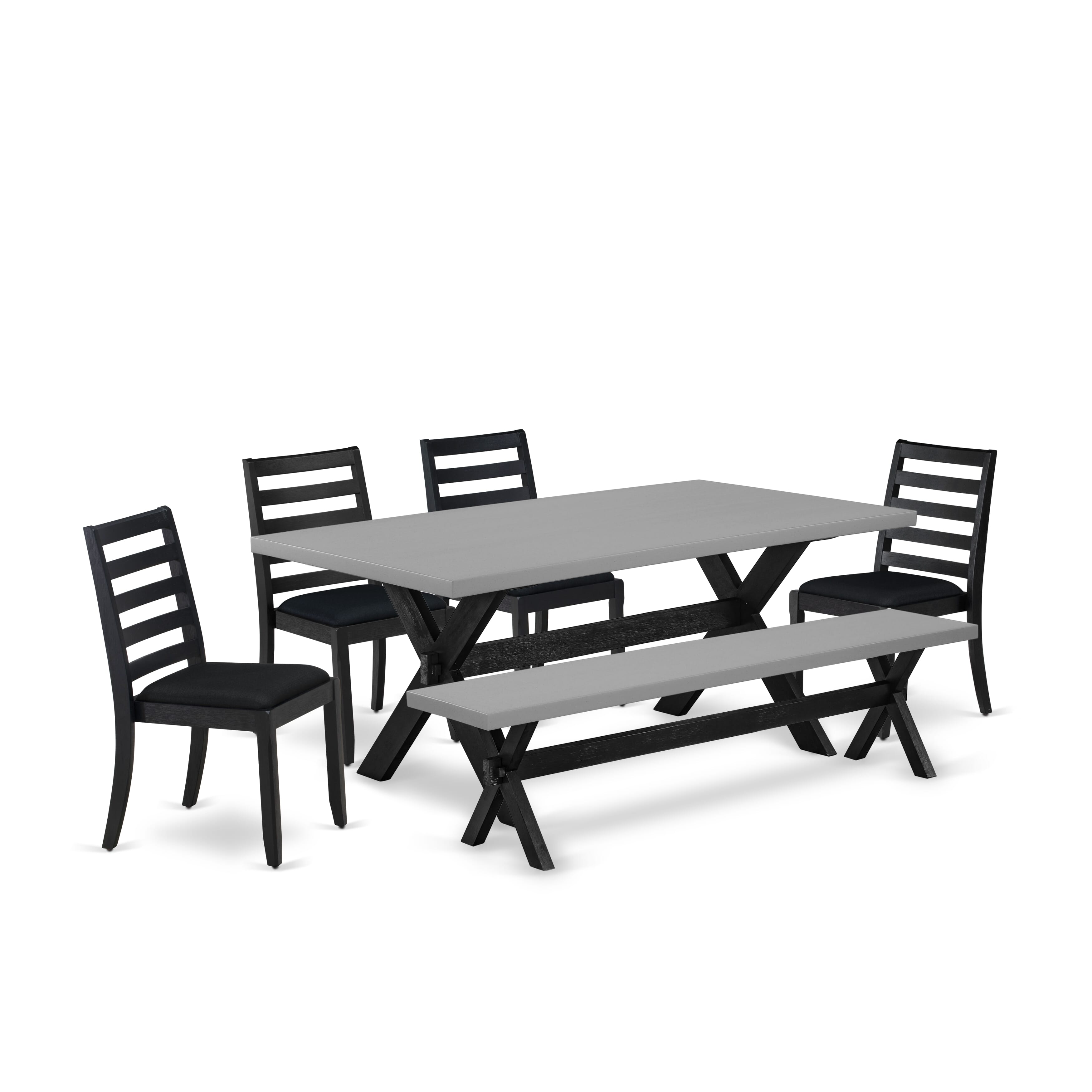 X697X1624-6 - 6-pc dining set - a dining table & a bench & 4 stackable dining chairs with Black Linen Fabric - Wire-brushed Black