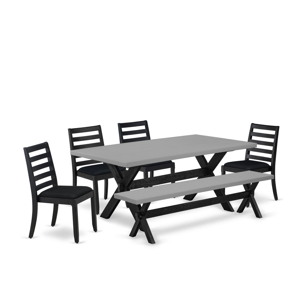 East West Furniture X697X1624-6 - 6-piece dining set consists of a dining table and a bench with Cement top and 4 stackable dining chairs with Black Linen Fabric - Wire-brushed Black