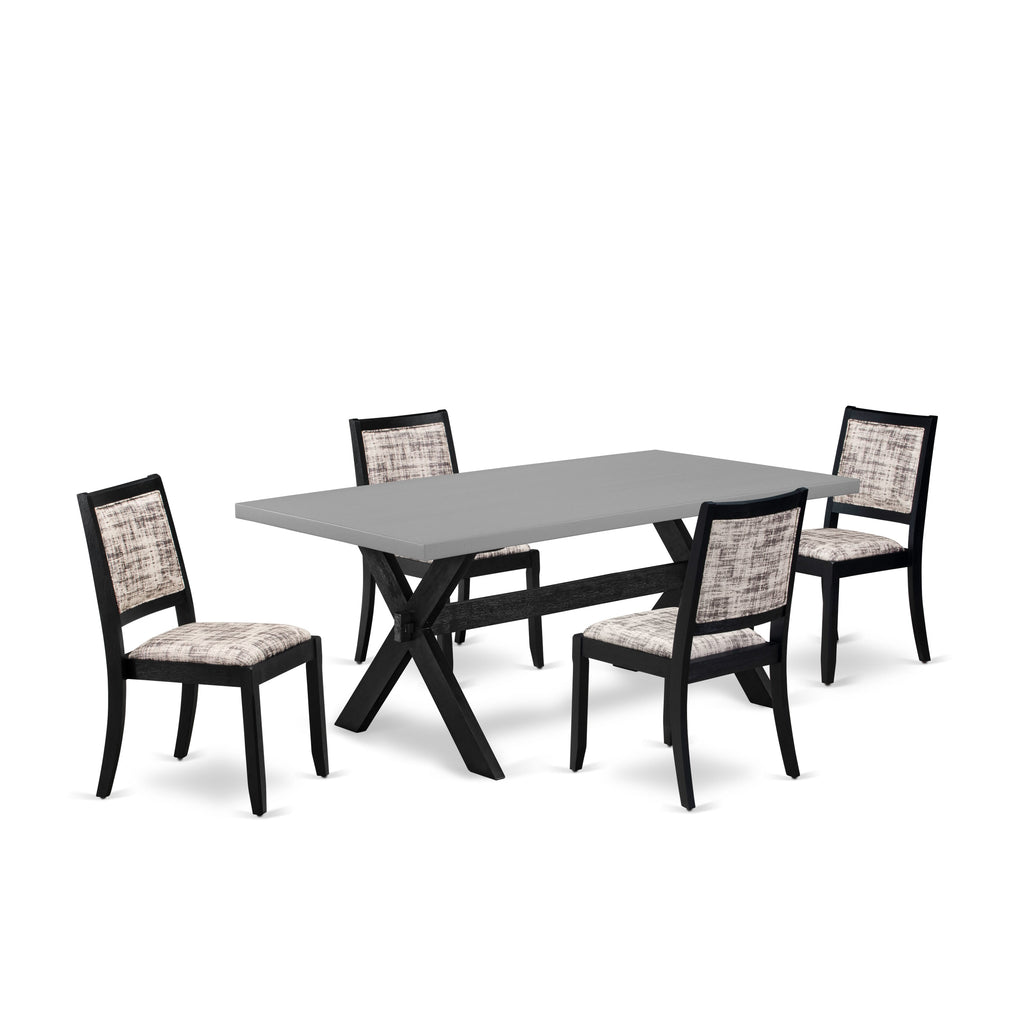 East West Furniture X697X2630-5 - 5-piece dining set consists of a kitchen table with Cement top and 4 stackable chairs with White and Gray Pattern Faux Leather - Wire-brushed Black