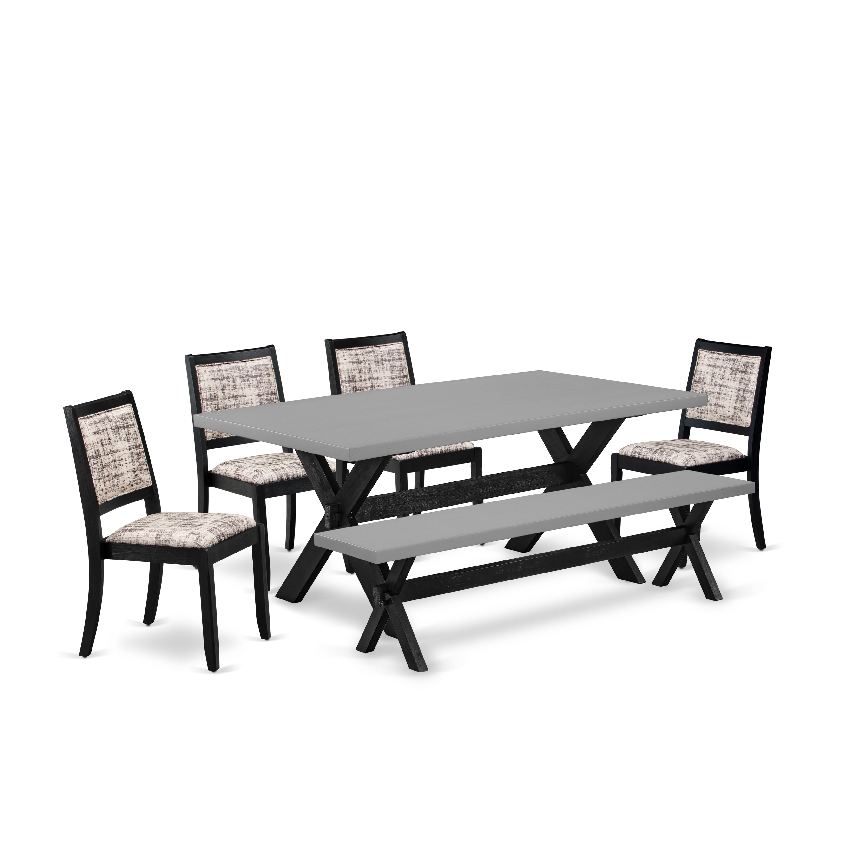 X697X2630-6 - 6-pc dining set - a table & a bench & 4 stackable chairs with White & Gray Pattern Faux Leather Fabric - Wire-brushed Black
