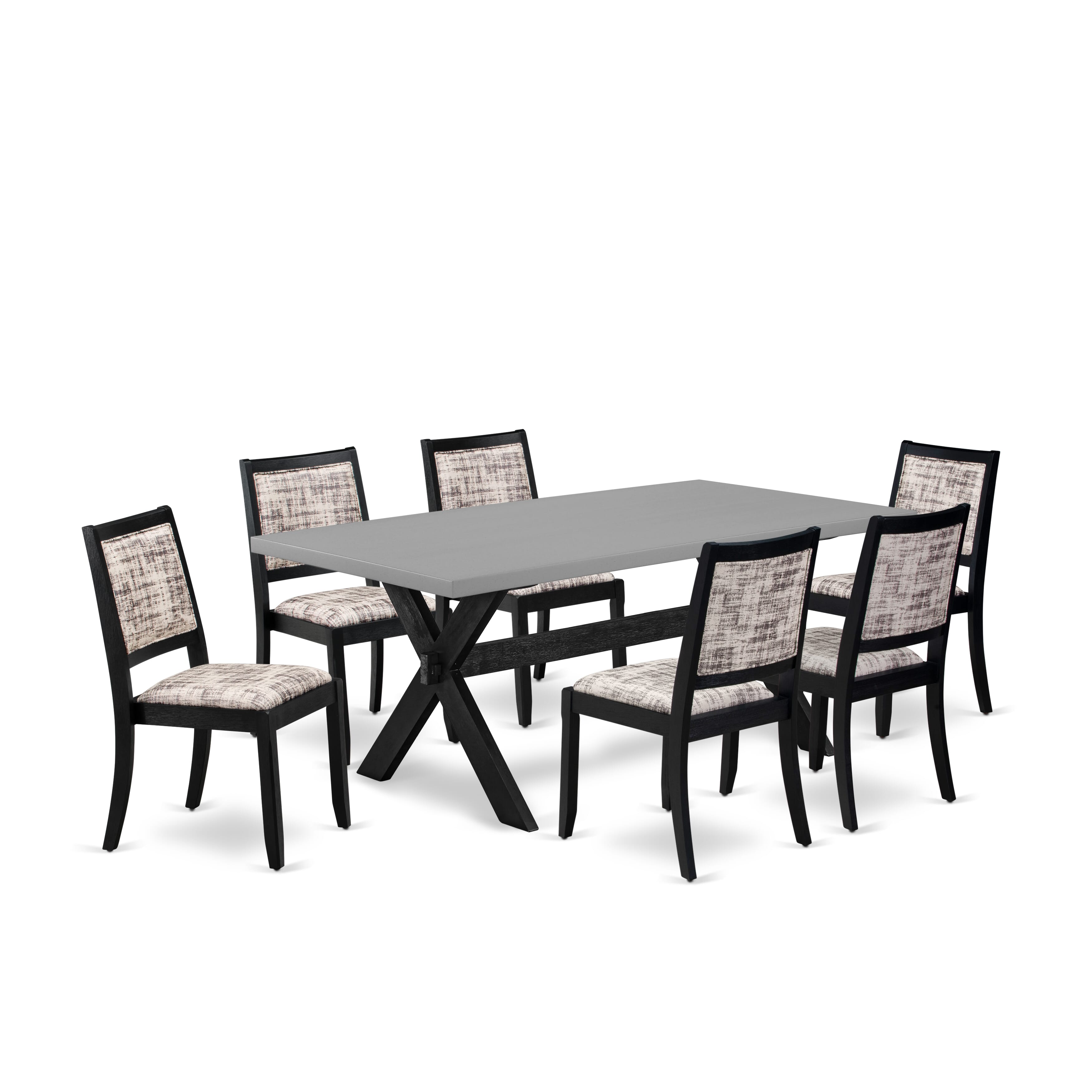 X697X2630-7 - 7-pc modern kitchen set - a table & 6 stackable chairs with White & Gray Pattern Faux Leather Fabric - Wire-brushed Black