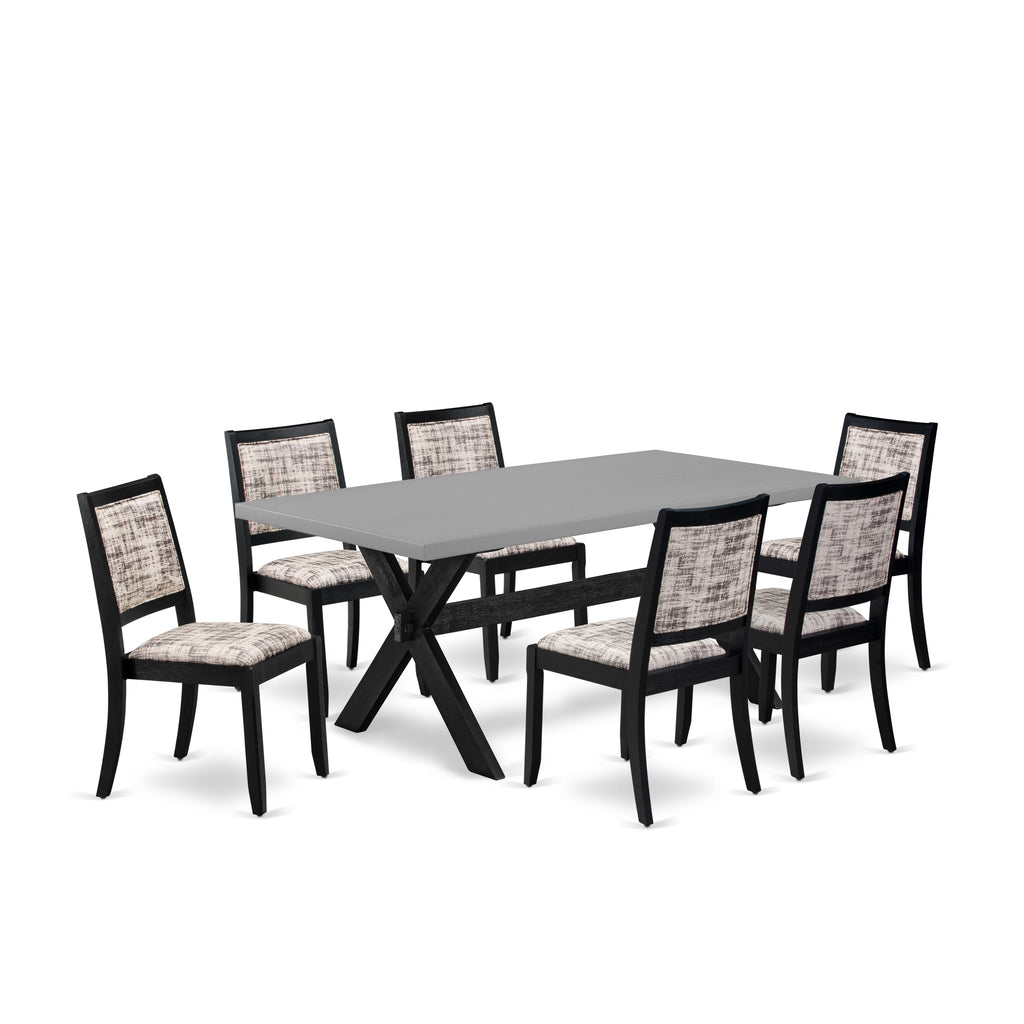 East West Furniture X697X2630-7 - 7-piece mid century kitchen set consists of a kitchen table with Cement top and 6 stackable chairs with White and Gray Pattern Faux Leather - Wire-brushed Black