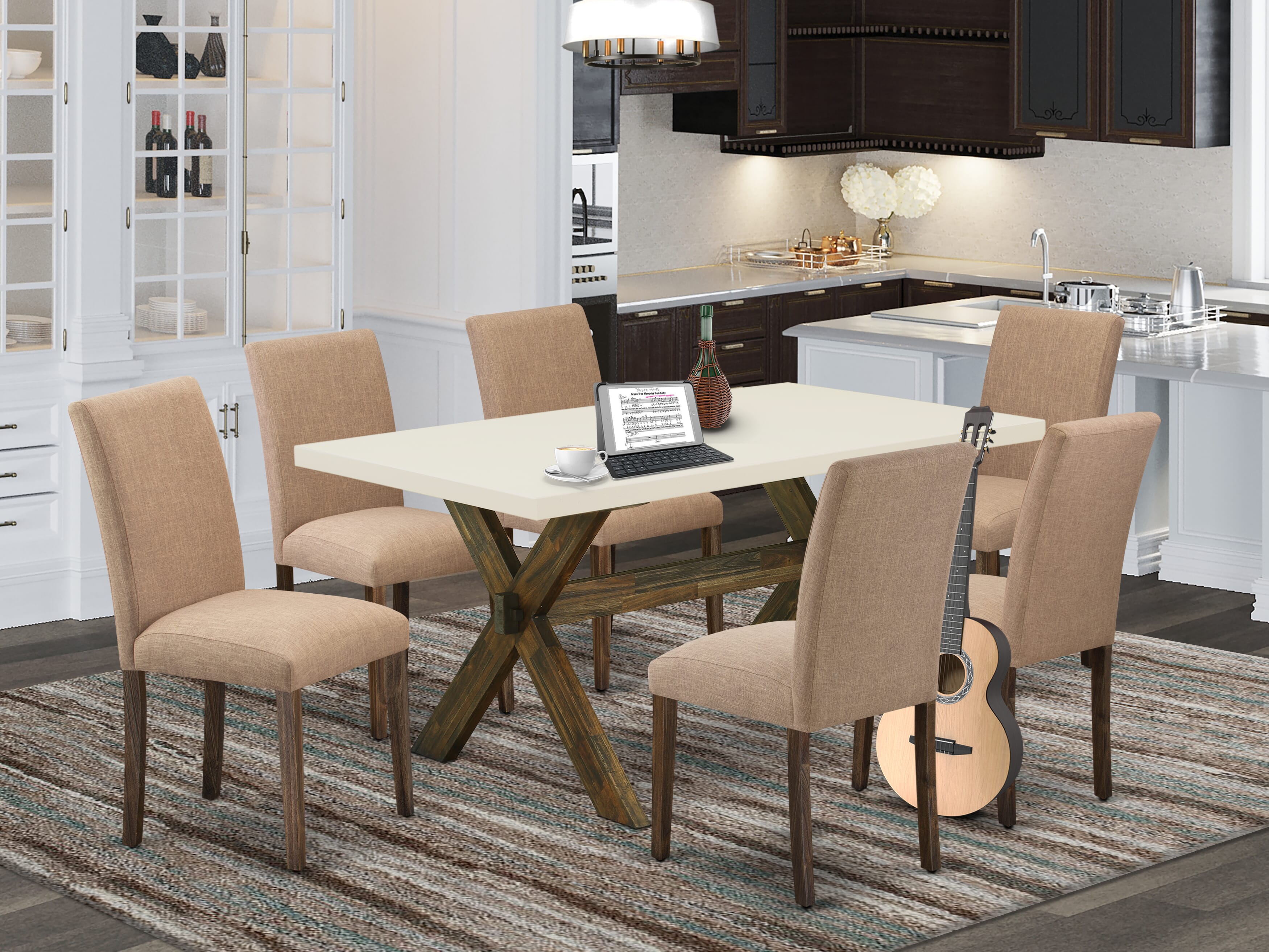 East West Furniture 7-Pc Table and Chairs Dining Set Includes 6 Mid Century Chairs with Upholstered Seat and High Back and a Rectangular Kitchen Table - Distressed Jacobean Finish
