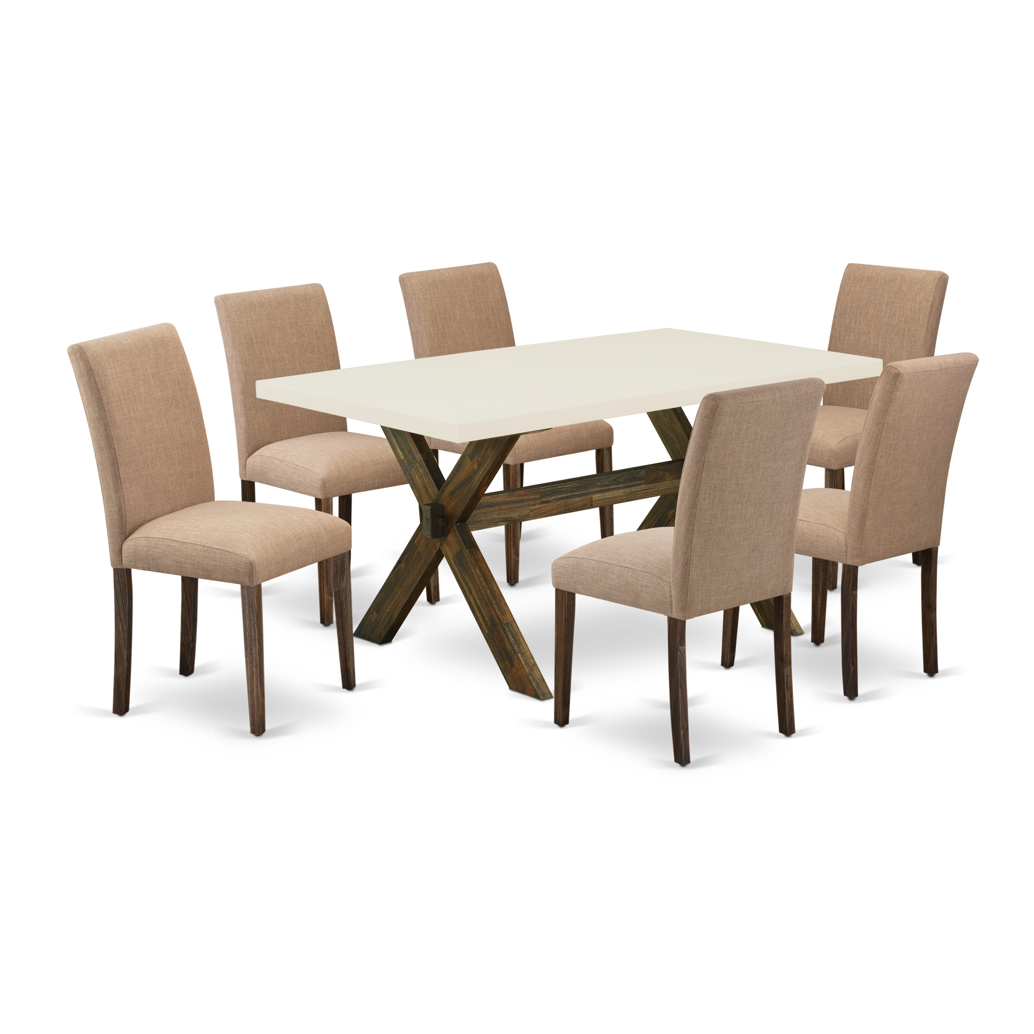 East West Furniture 7-Pc Table and Chairs Dining Set Includes 6 Mid Century Chairs with Upholstered Seat and High Back and a Rectangular Kitchen Table - Distressed Jacobean Finish