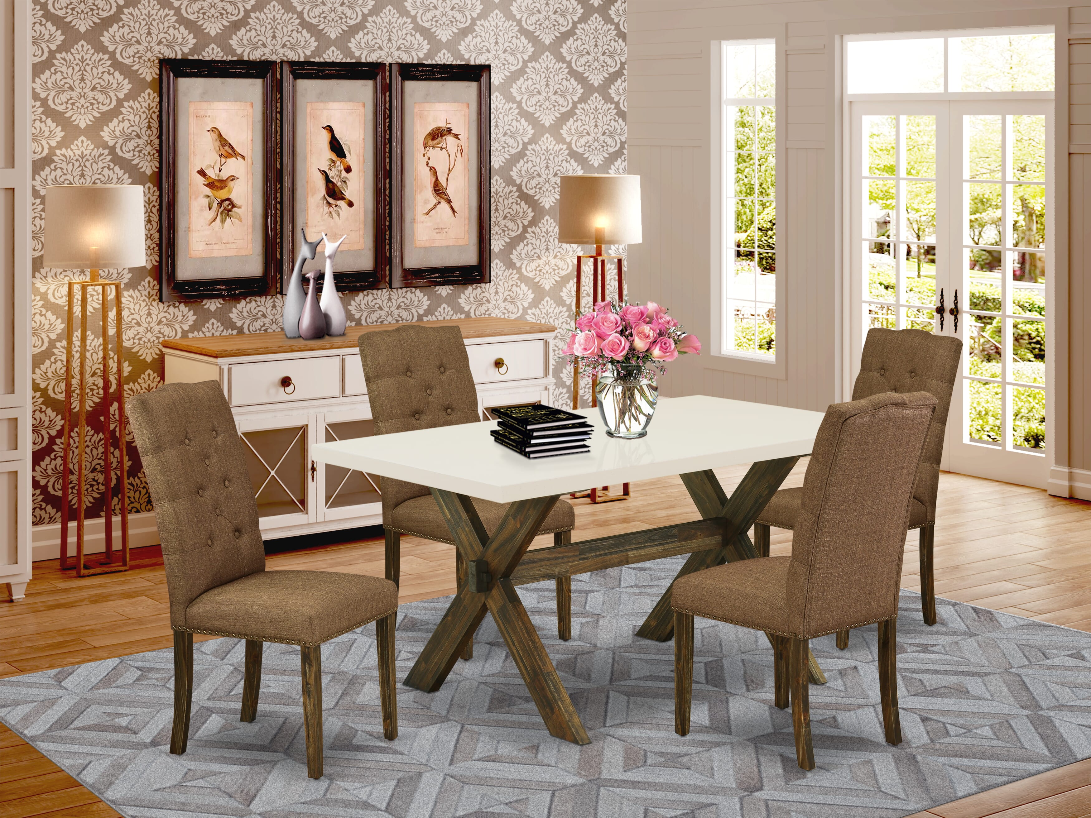 East West Furniture X726EL718-5 5-Piece Rectangular Dining Table SetIncluded 4 Parson chairs Upholstered Seat and High Button Tufted Chair Back and Rectangular Dining Table with linen white Dining Table top (Distressed Jacobean Finish)