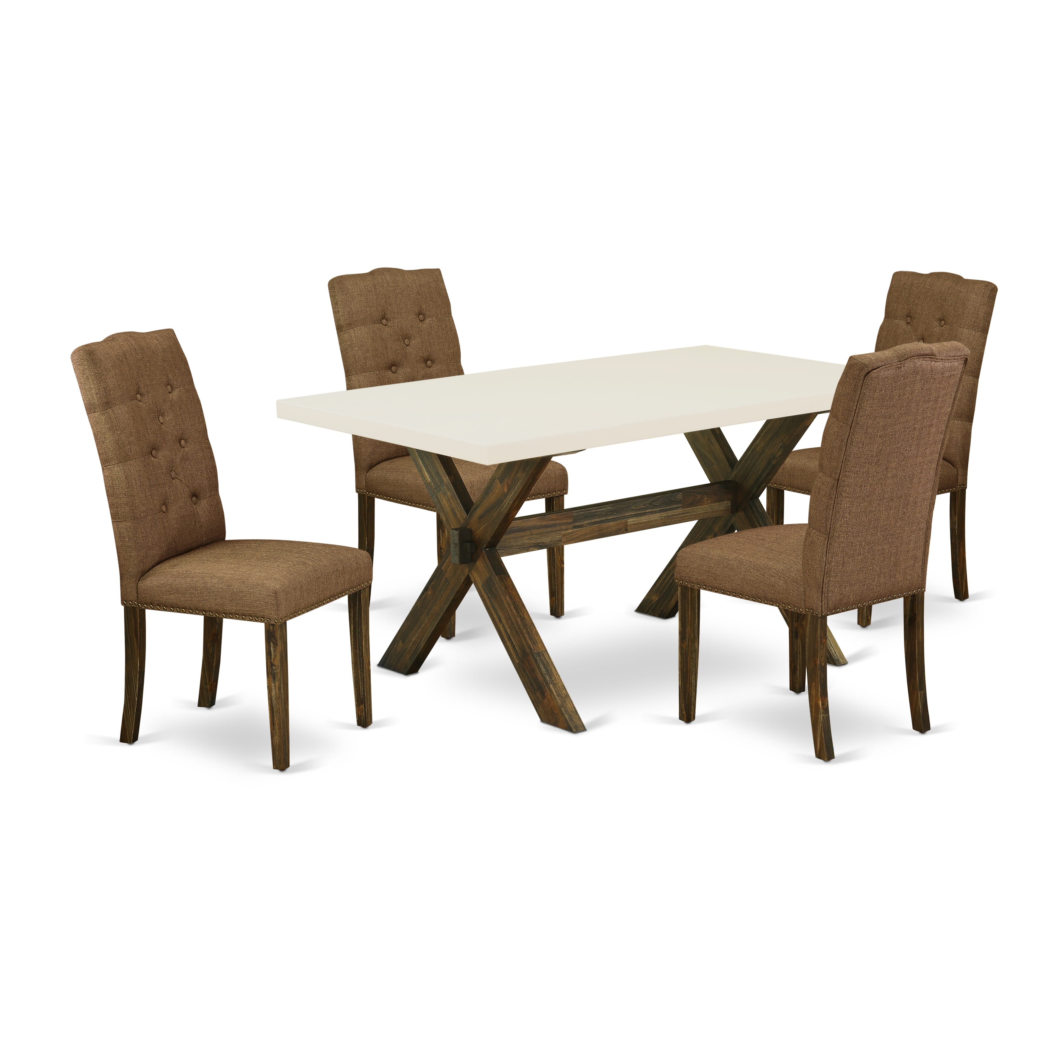 East West Furniture X726EL718-5 5-Piece Rectangular Dining Table SetIncluded 4 Parson chairs Upholstered Seat and High Button Tufted Chair Back and Rectangular Dining Table with linen white Dining Table top (Distressed Jacobean Finish)