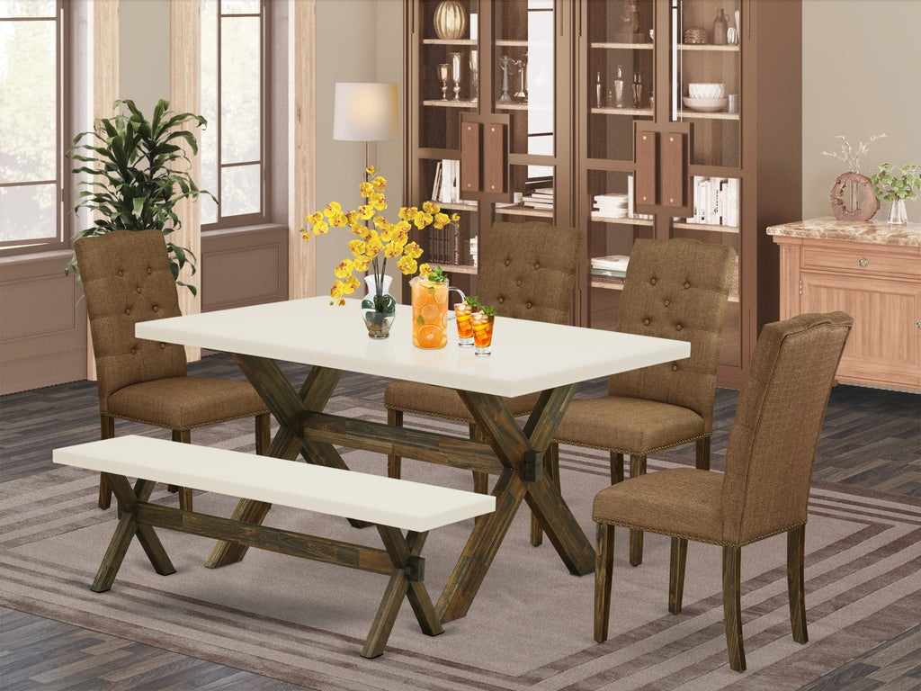 East West Furniture X726EL718-6 6-Piece Mid Century Dining Table Set-Brown Beige Linen Fabric Seat and Button Tufted Chair Back Modern Dining chair