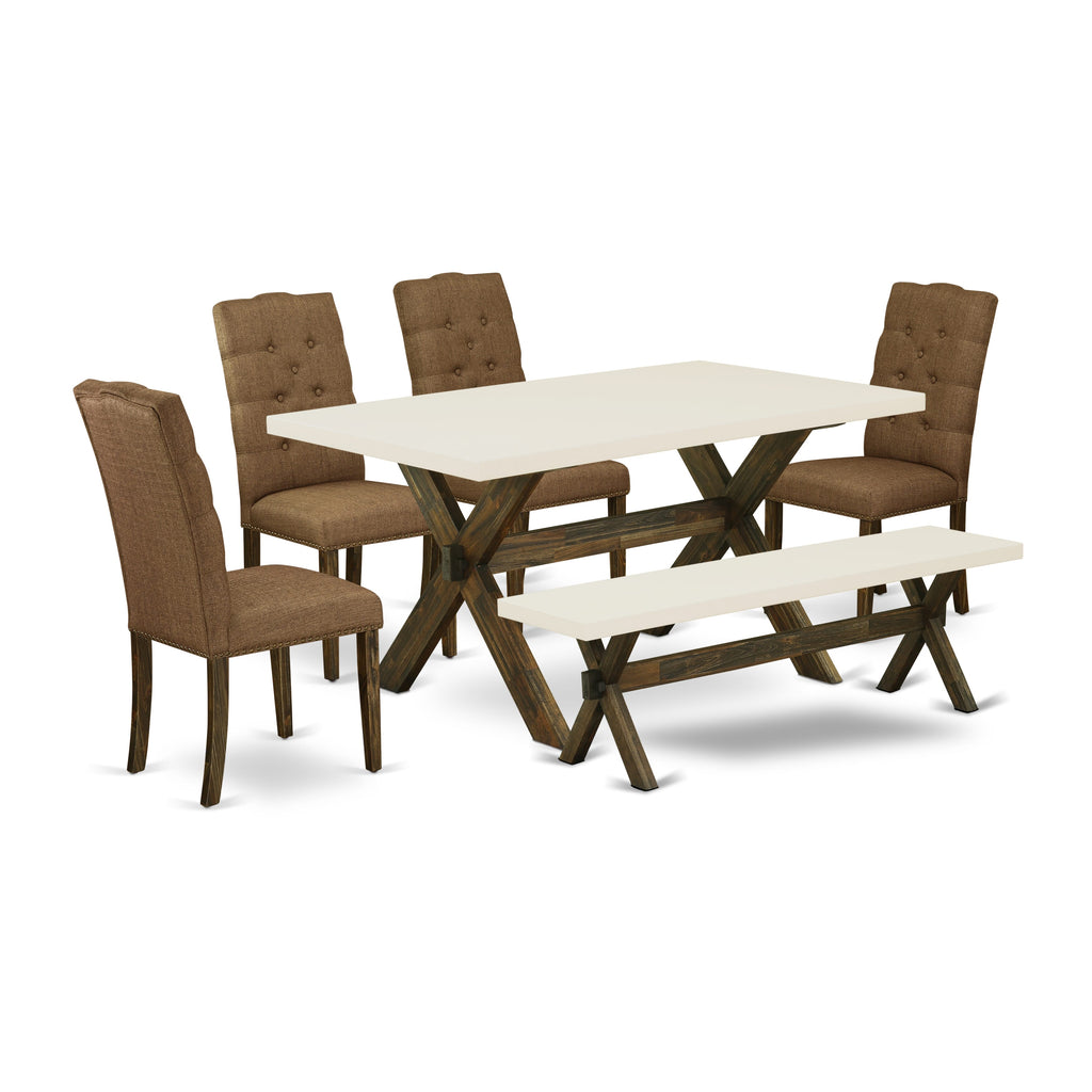 East West Furniture X726EL718-6 6-Piece Mid Century Dining Table Set-Brown Beige Linen Fabric Seat and Button Tufted Chair Back Modern Dining chair
