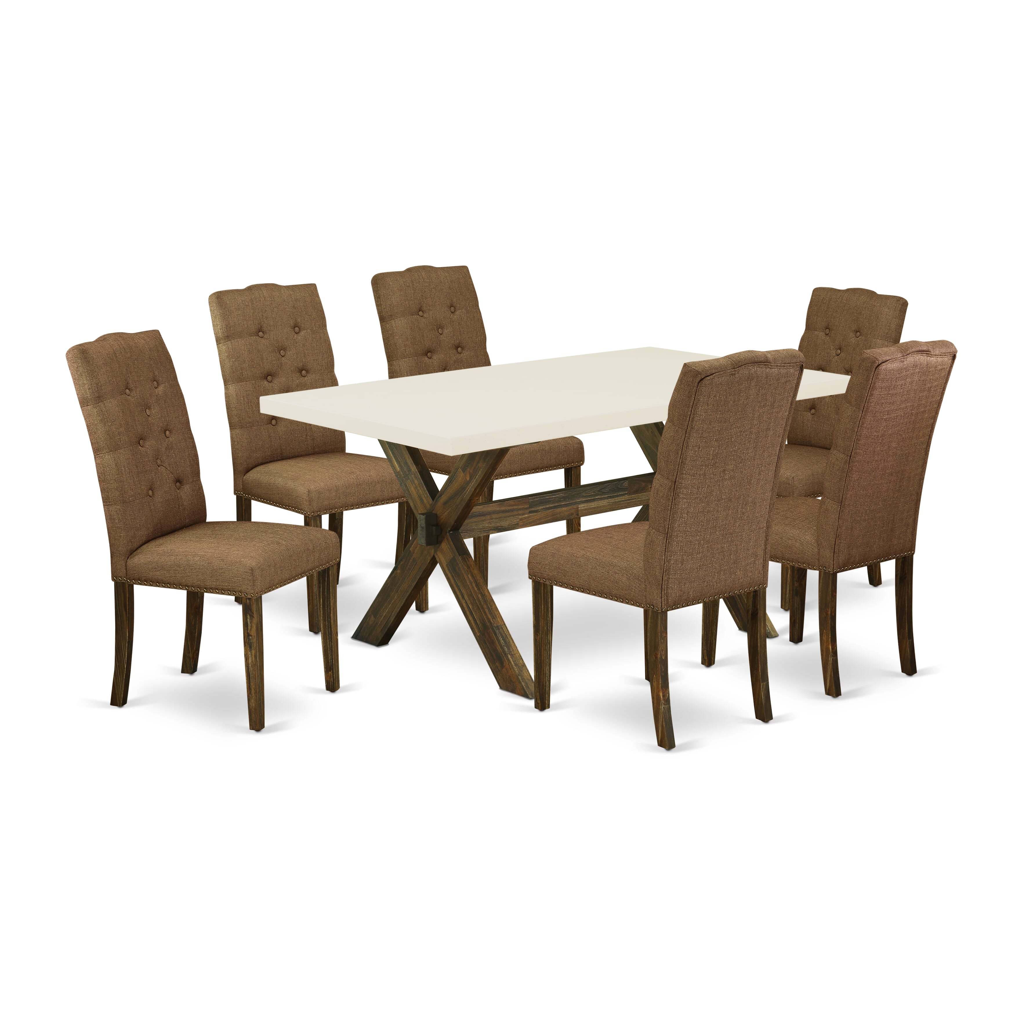 East West Furniture X726EL718-7 7-Piece Dining Table Set a beautiful linen white Kitchen Table top and 6 beautiful Dining chairs with Nail Heads and Button Tufted, Distressed Jacobean Finish