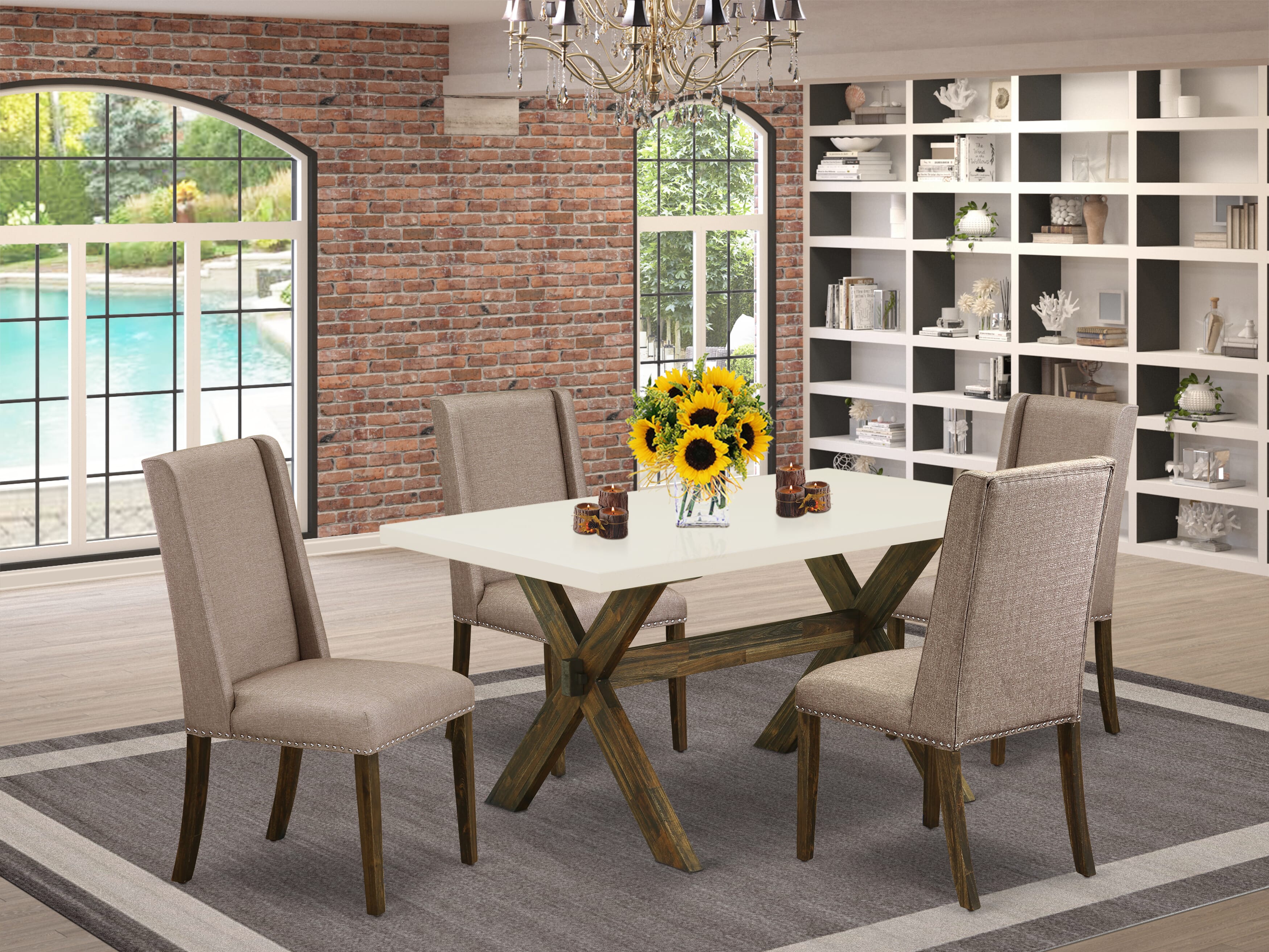 East West Furniture X726FL716-5 5-Pc Dining Table SetIncluded 4 Parson Chair Upholstered Seat and Stylish Chair Back and Rectangular dining table with linen white Kitchen Dining Table top (Distressed Jacobean Finish)