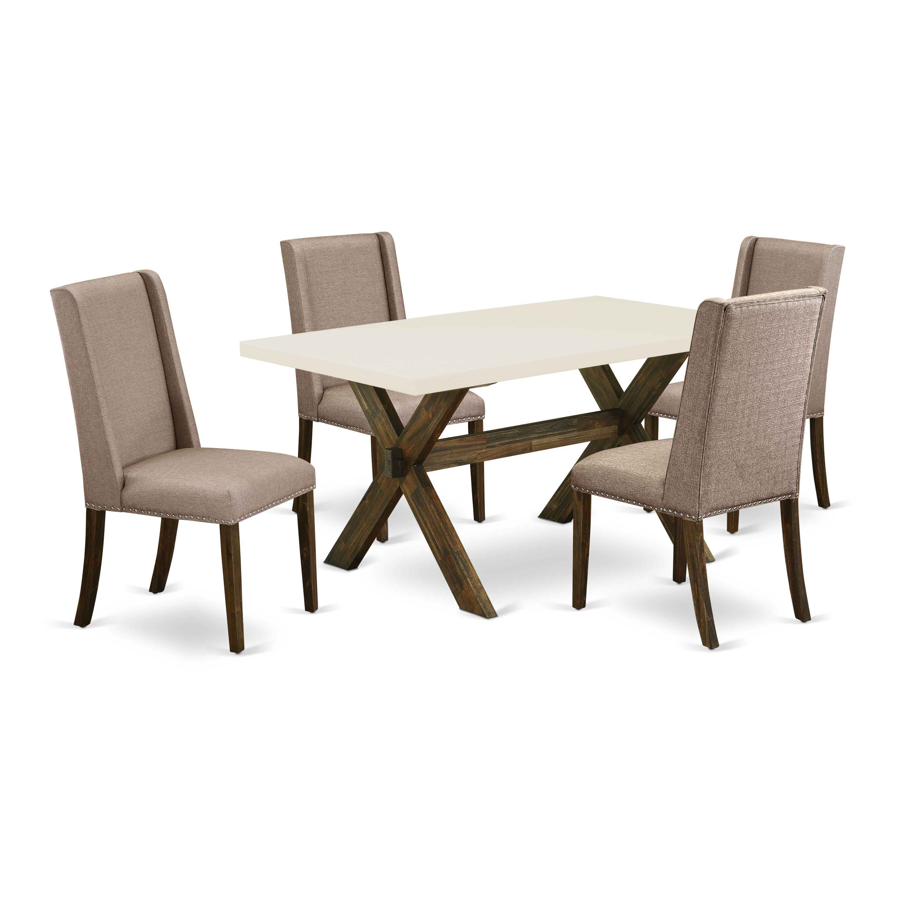 East West Furniture X726FL716-5 5-Pc Dining Table SetIncluded 4 Parson Chair Upholstered Seat and Stylish Chair Back and Rectangular dining table with linen white Kitchen Dining Table top (Distressed Jacobean Finish)
