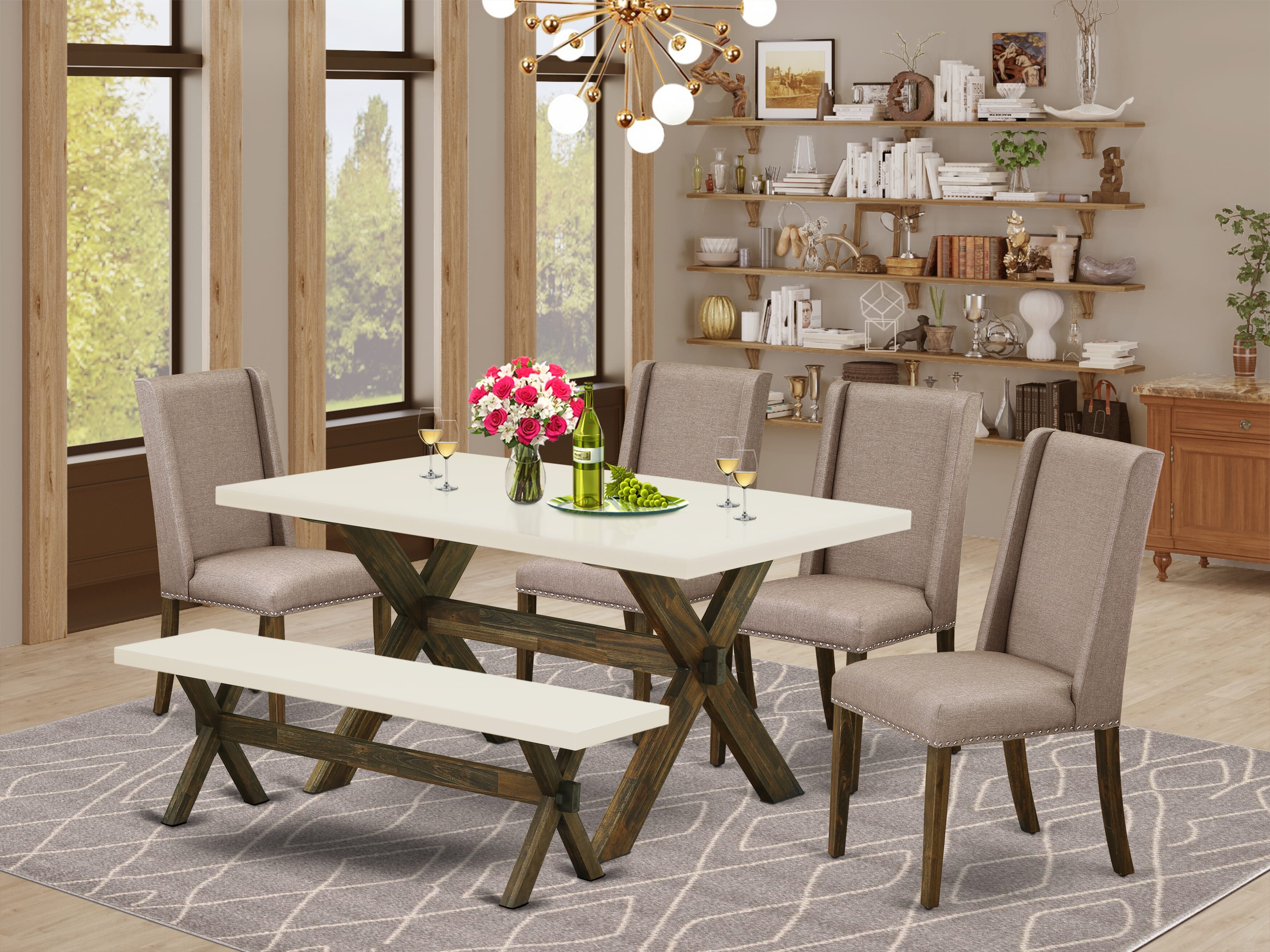 East West Furniture X726FL716-6 6-Pc Dining -Dark Khaki Linen Fabric Seat and High Stylish Chair Back kitchen chairs, A Rectangular Bench and Rectangular top Dining room Table with Wood Legs - linen white and Distressed Jacobean Finish