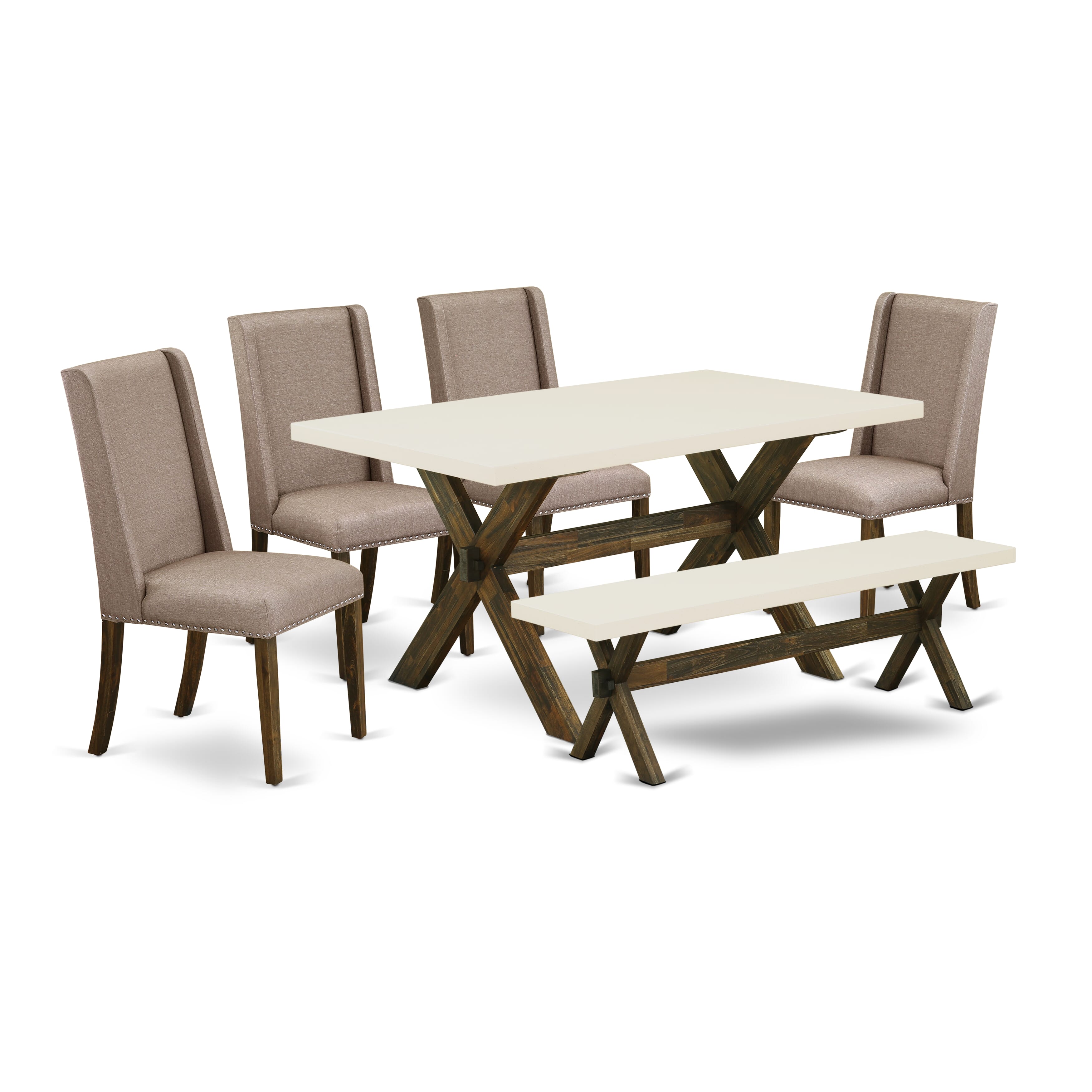 East West Furniture X726FL716-6 6-Pc Dining -Dark Khaki Linen Fabric Seat and High Stylish Chair Back kitchen chairs, A Rectangular Bench and Rectangular top Dining room Table with Wood Legs - linen white and Distressed Jacobean Finish