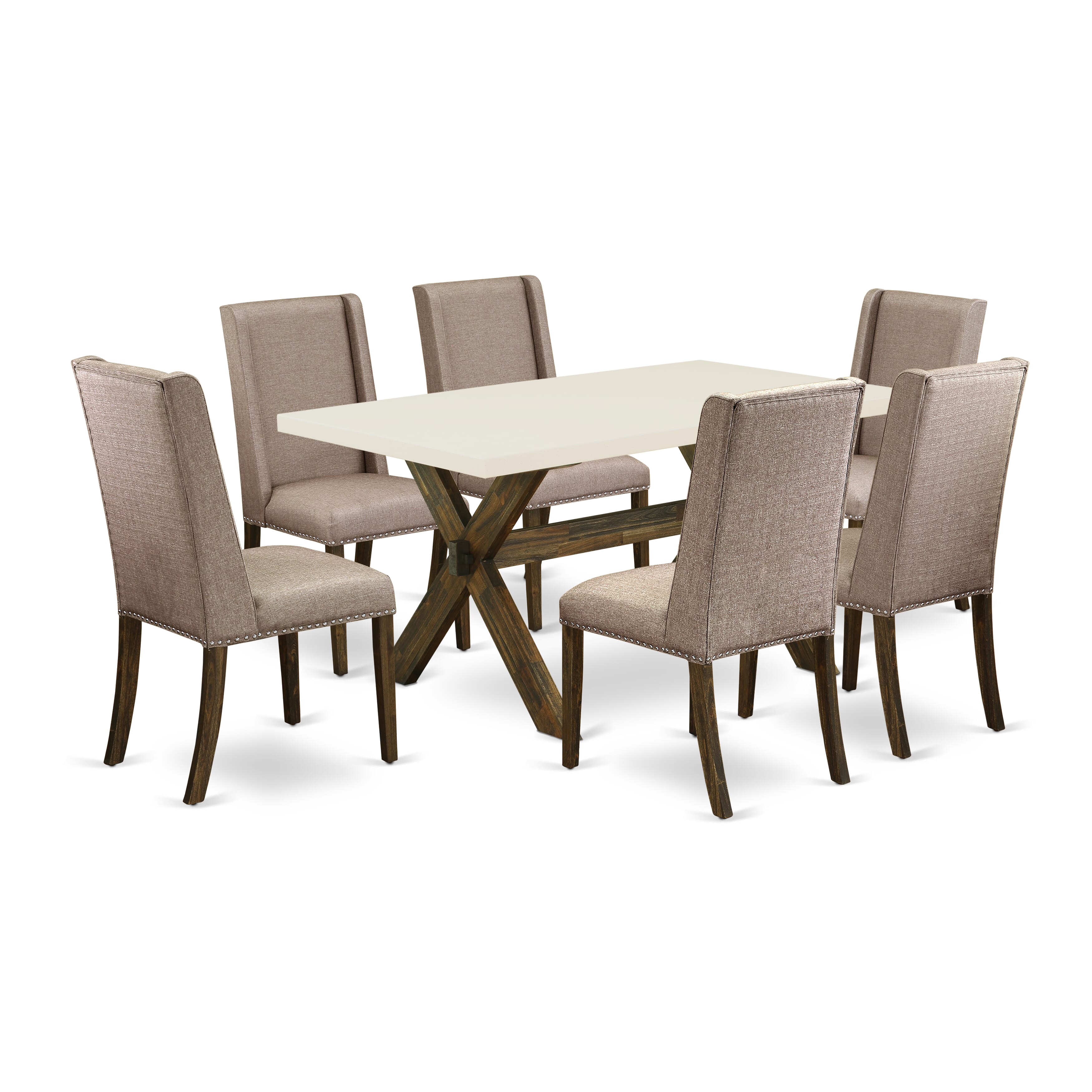 East West Furniture X726FL716-7 7-Piece dining set a beautiful linen white rectangular Table top and 6 Beautiful padded parson chairs with Nail heads and High Stylish Chair Back, Distressed Jacobean Finish